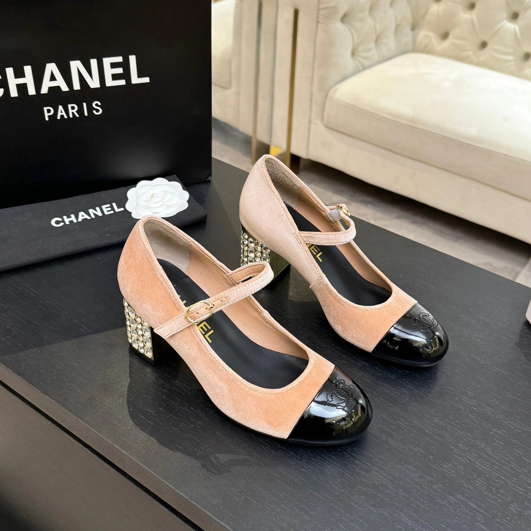CC 2026 Mary Jane 65 Beige Black Velvet Leather 700646