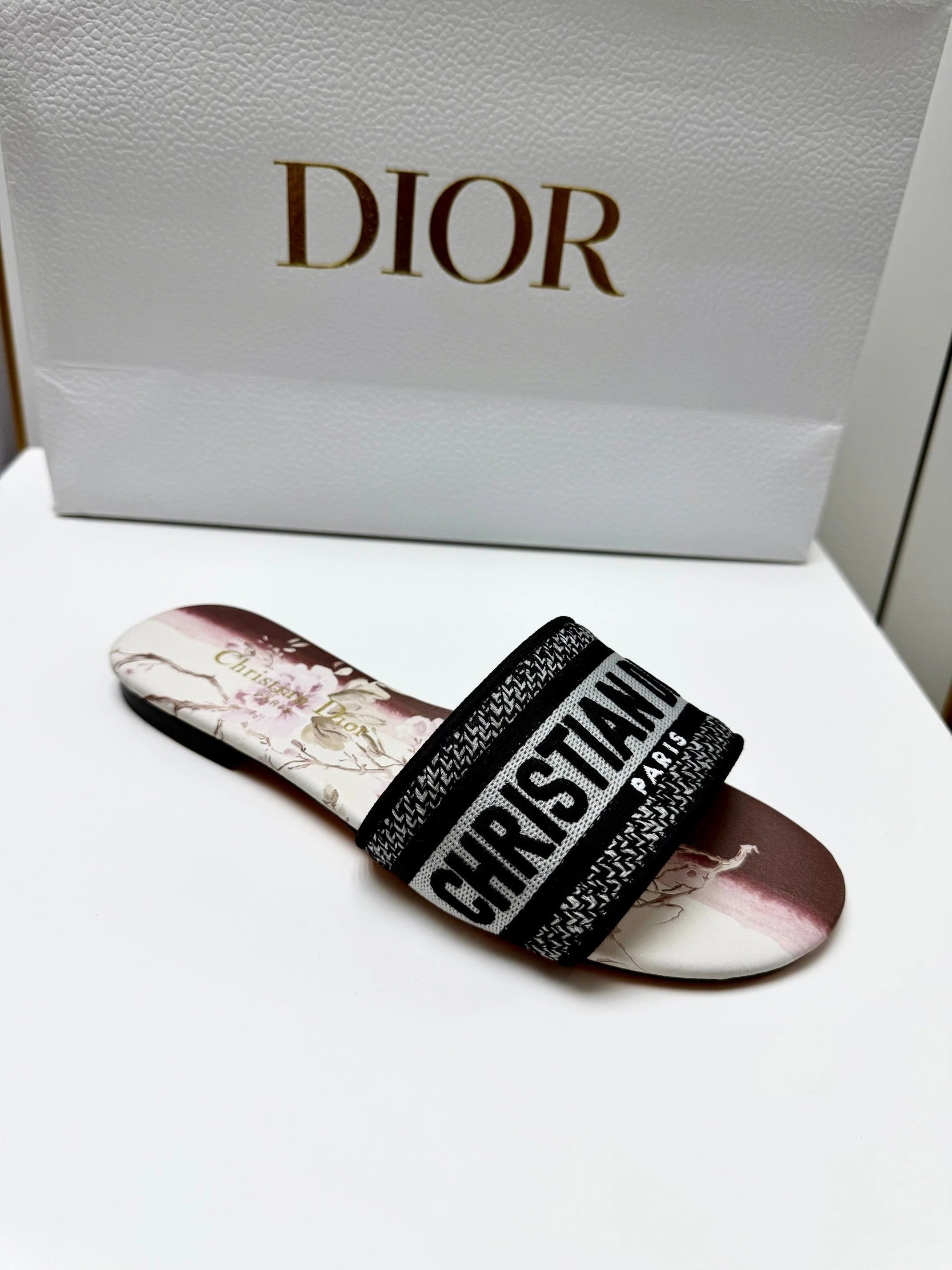 CD 26s Embroidered Sandals Black White Burgundy Canvas Leather 683021