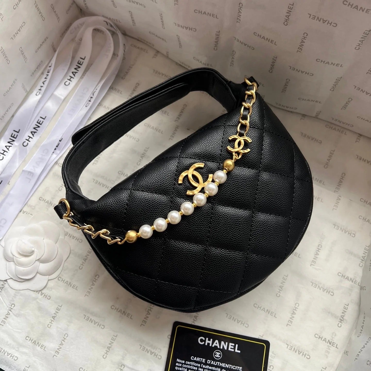 Chanel 2026 Quilted Pearl Chain Pouch Hobo Bag 19cm Grained Calfskin