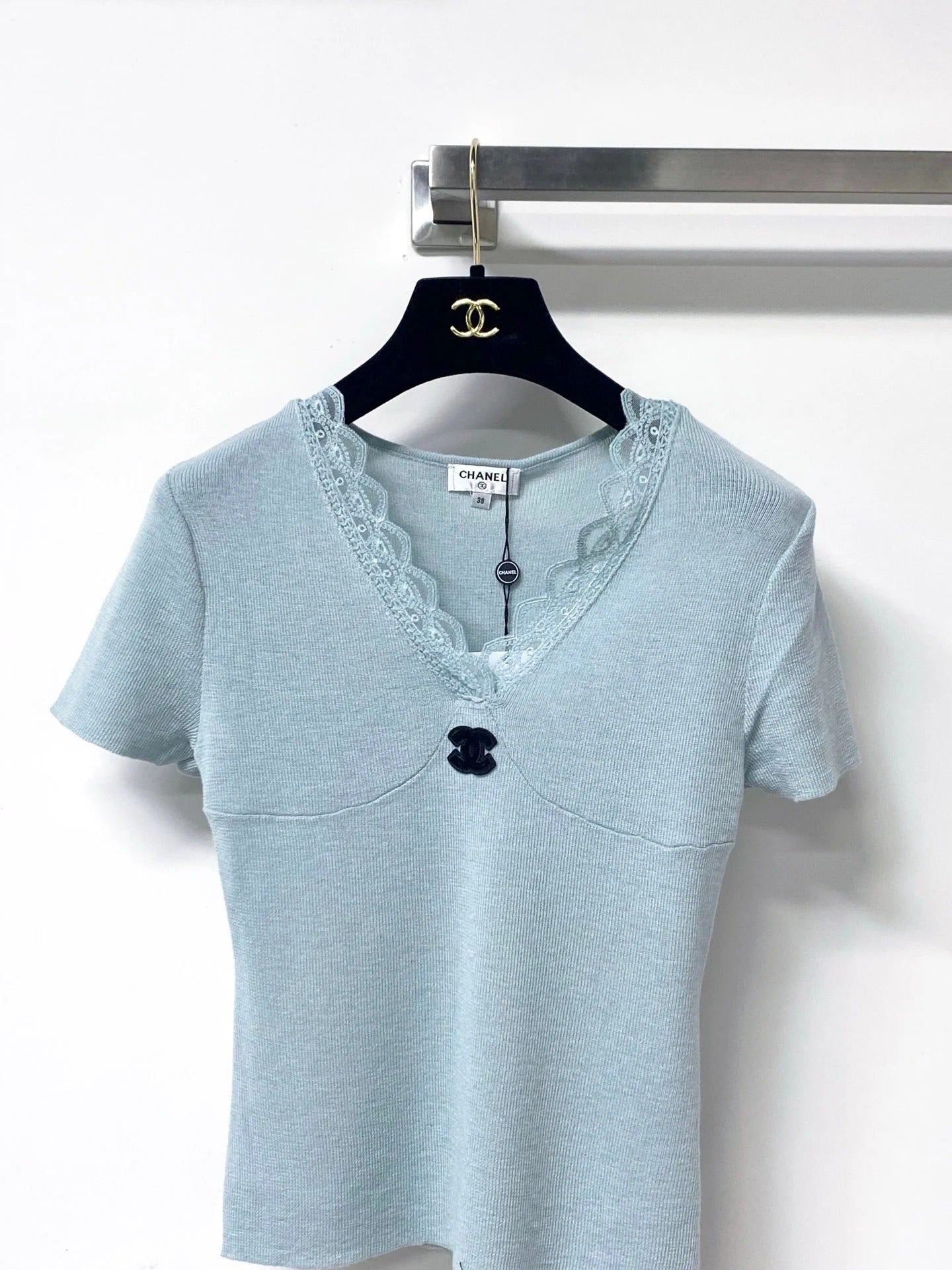 Chanel 2026 Lace V-neck Shirt Blue Pink Wool Cashmere 295236