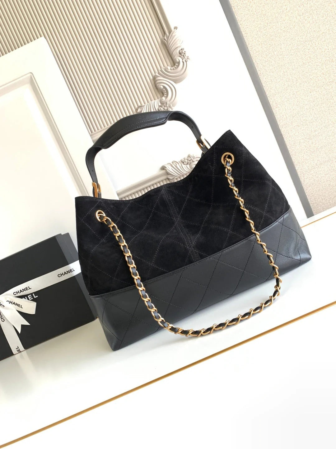 Chanel 2026 Stitched Shopping Bag 36cm Black Suede Calfskin 348237