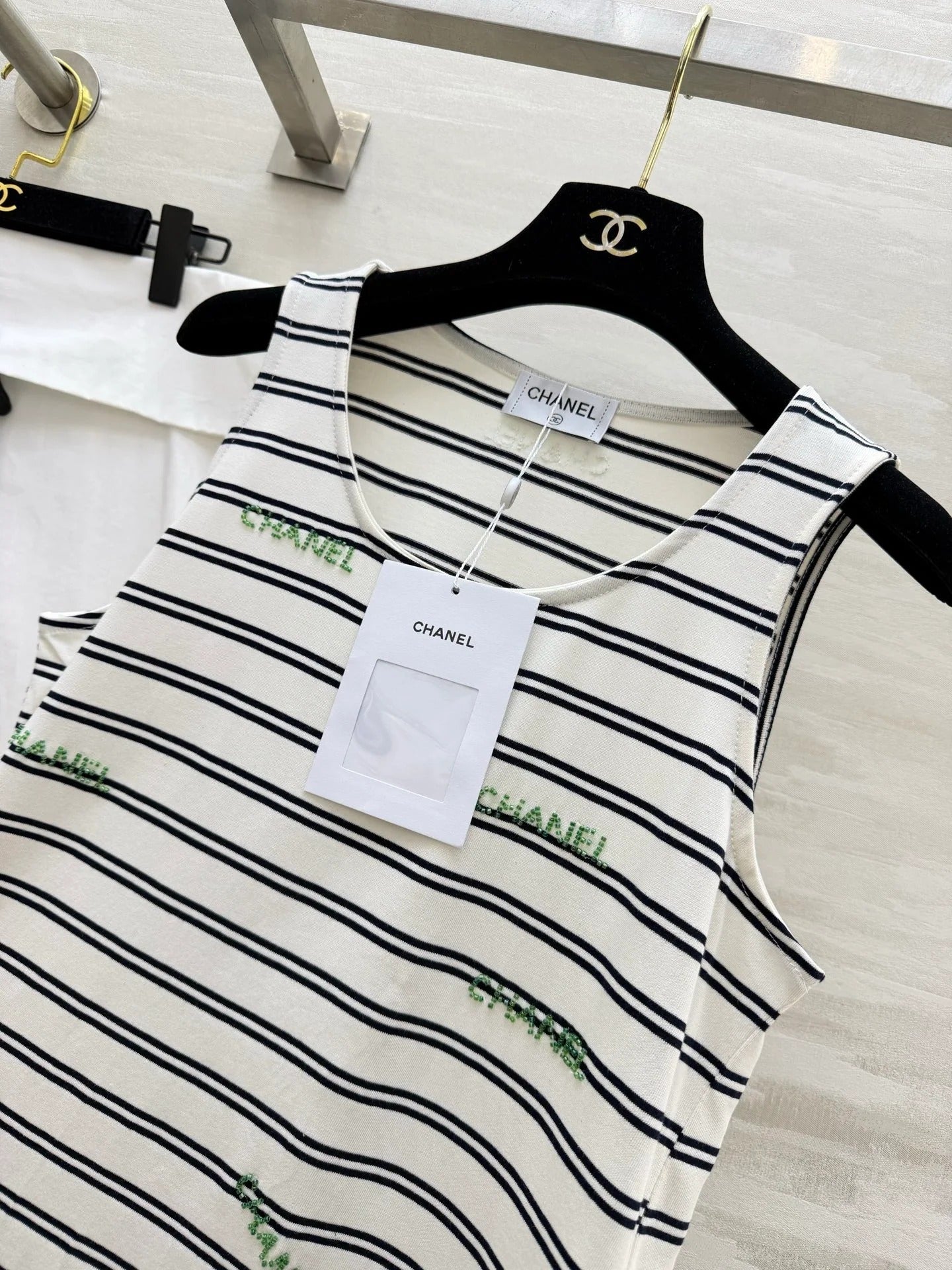 Chanel 2026 Striped Embroidered Vest White Black Cotton 213363