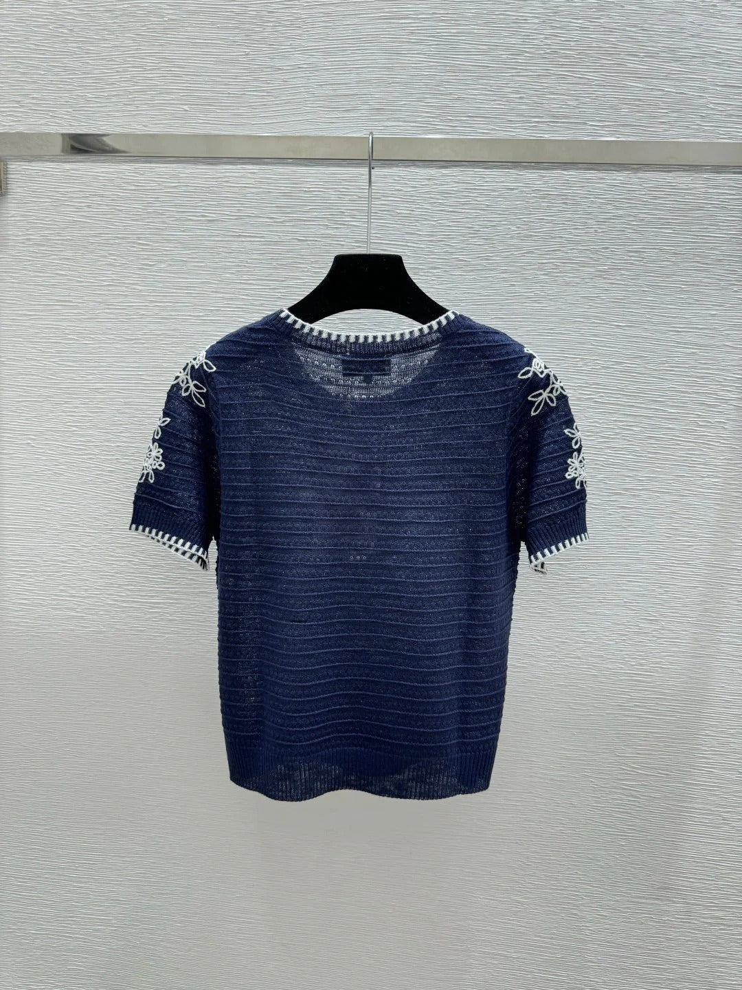 Chanel 2026 Short-sleeved Shirt White and Navy Blue Tencel Wool 294572
