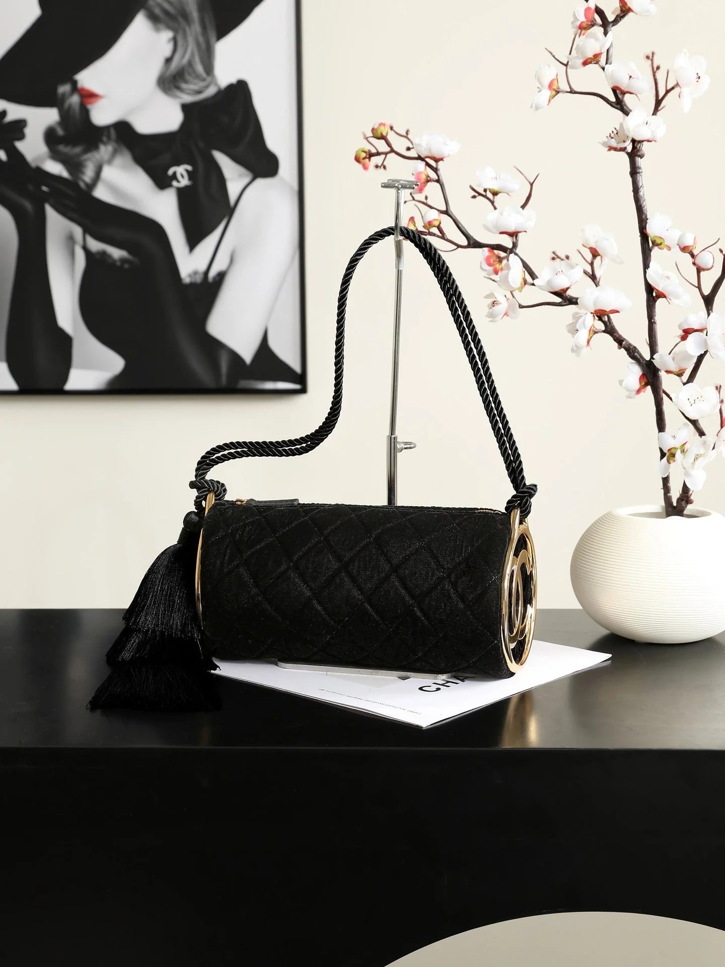 Chanel 2026 Tassel Cylindrical Bag 23.5cm Black Velvet