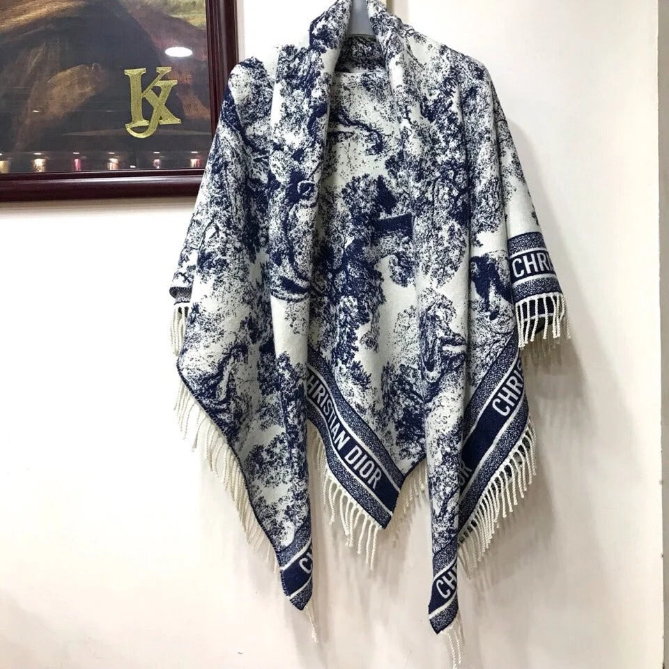 Dior 2026 Toile de Jouy Scarf 140cm Blue White Wool And Cashmere 190051