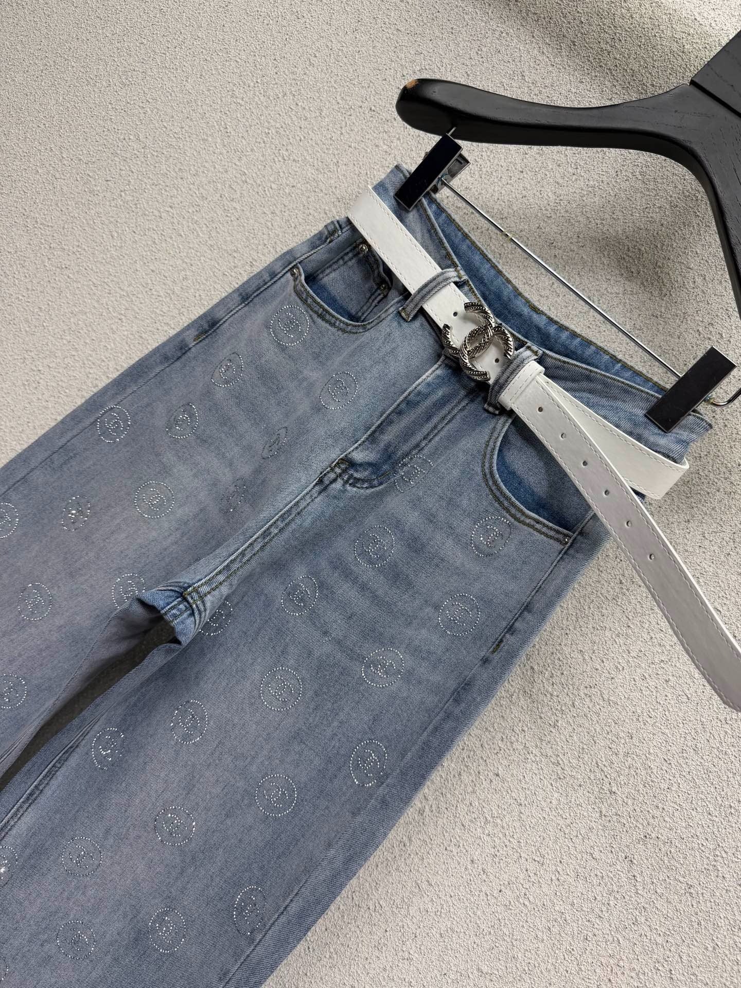 Chanel 2026 Rhinestone-studded Straight-leg Wide-leg Jeans With Belt Cotton 108397