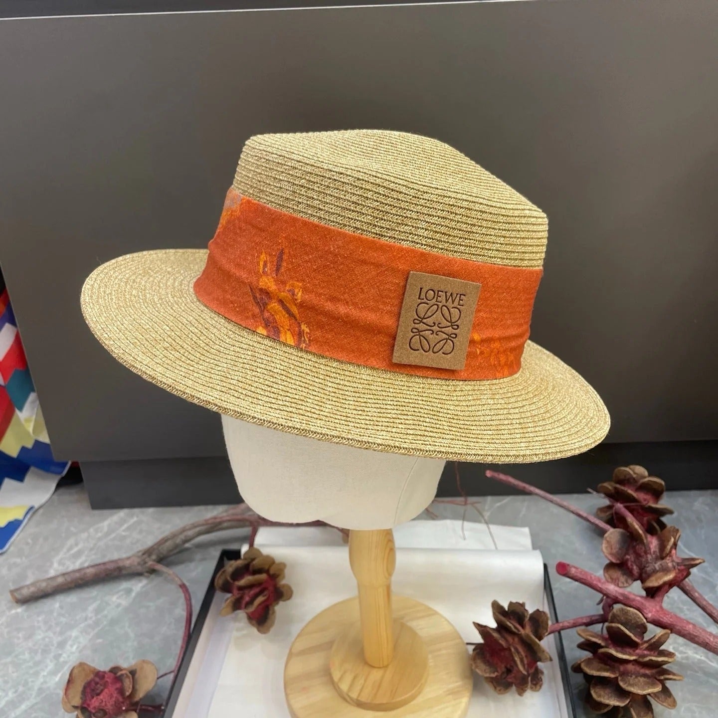 Loewe Floral Ribbon Band Straw Hat 216016