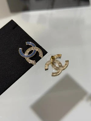 Chanel 2026 Light Gold Denim Patchwork Crystal Double C Stud Earrings