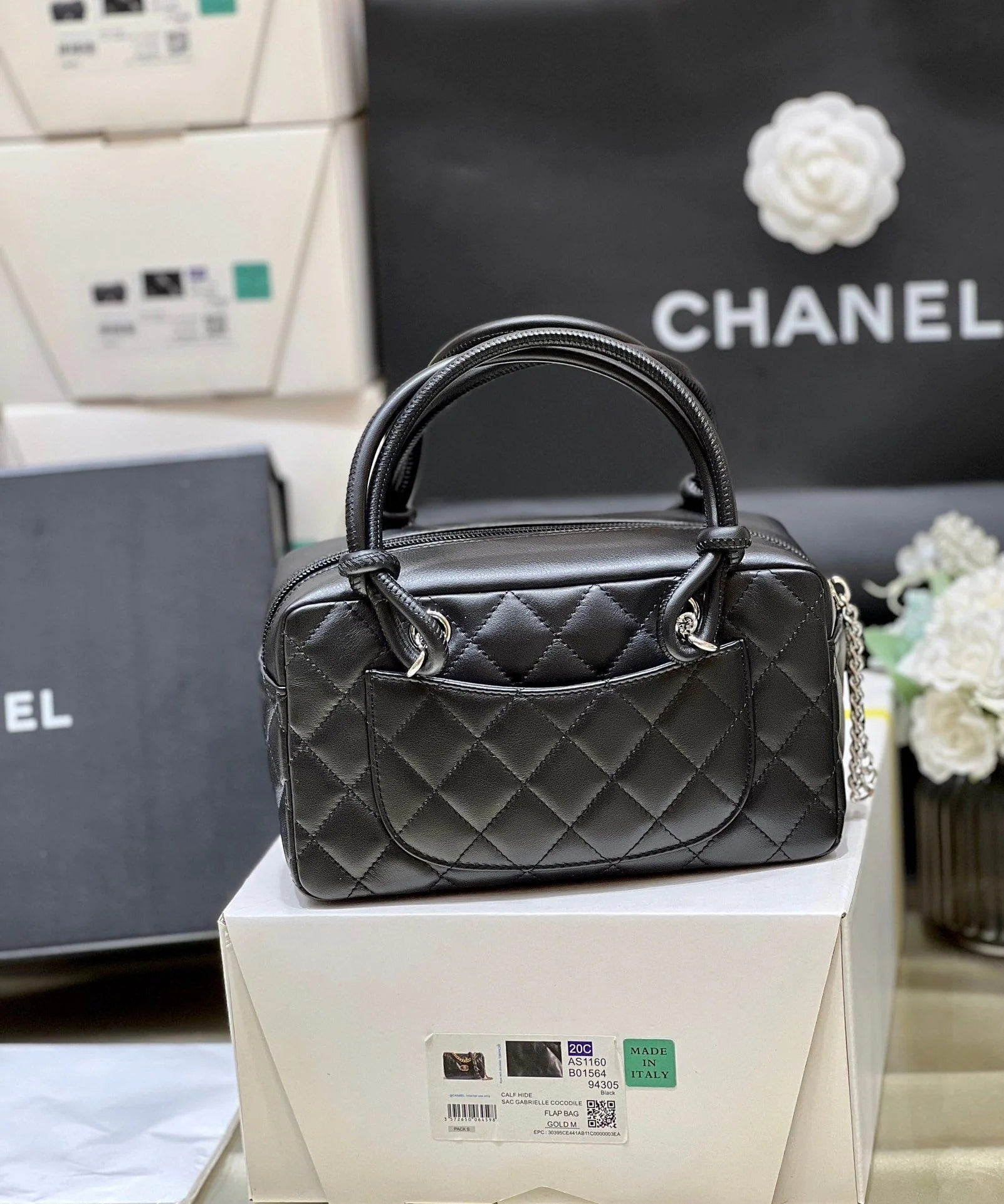 Chanel 2026 Cambon Ligne Bag 21cm Black White Quilted Lambskin