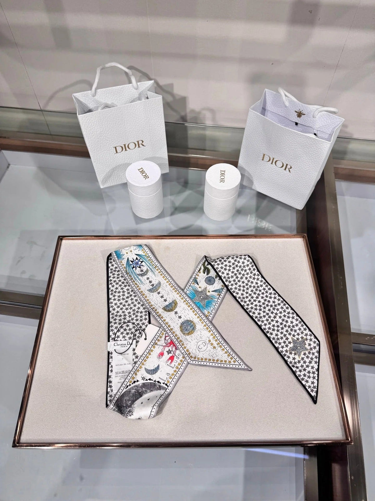 Dior 2026 Mitzah Scarf 100cm White Mix Black Silk 203875