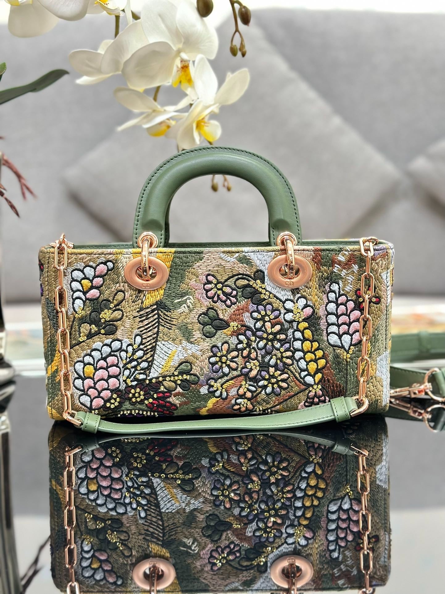 Dior 2026 Embroidered Floral Bag 26cm Green Mix Colors Fabric Leather 158565