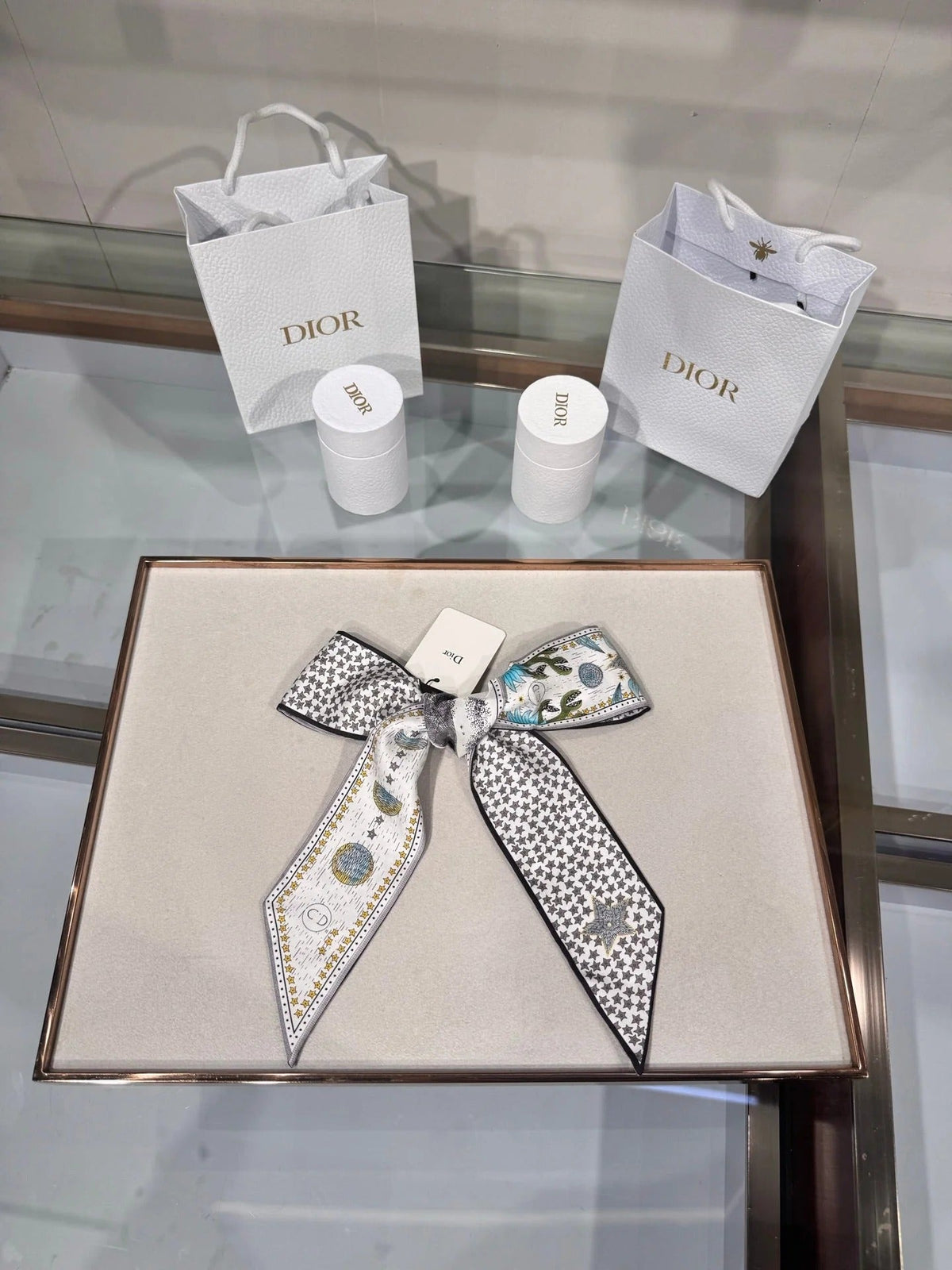 Dior 2026 Mitzah Scarf 100cm White Mix Black Silk 203875