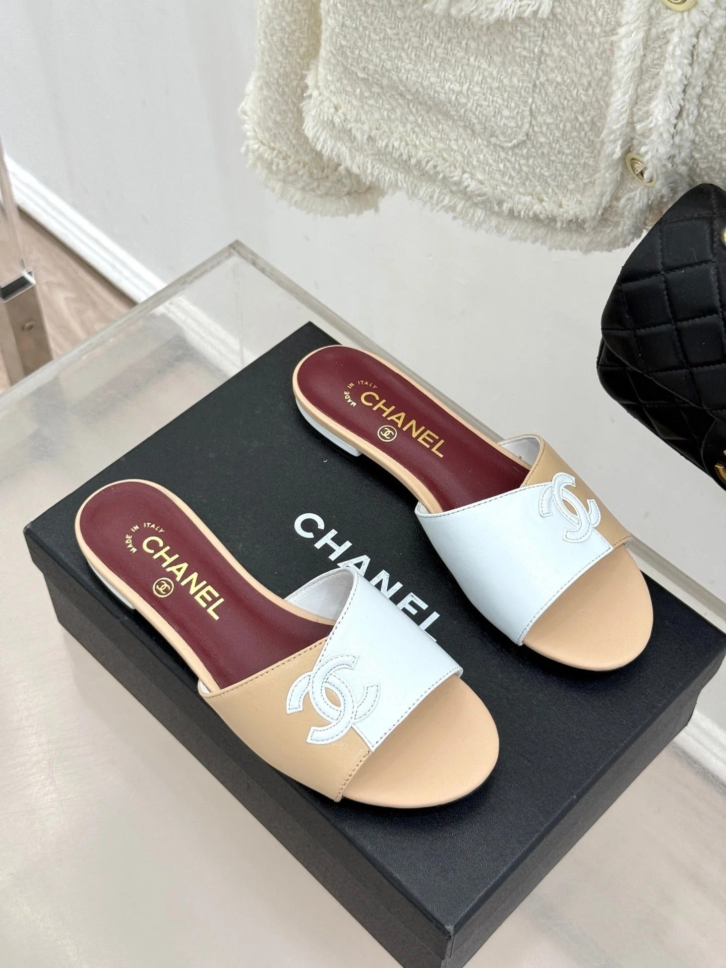 CC 26S Double C Patchwork Sandal Beige White in Cowhide 706370