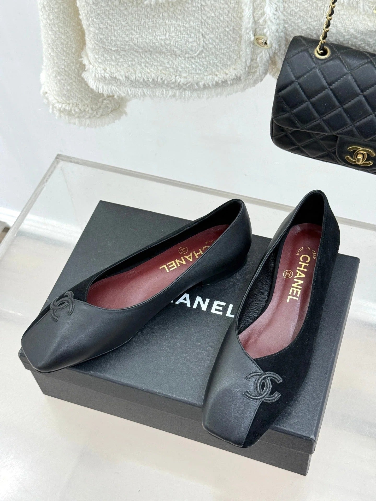 CC 26S Double C Patchwork Ballet Flat Black Gray in Deerskin Cowhide 706367