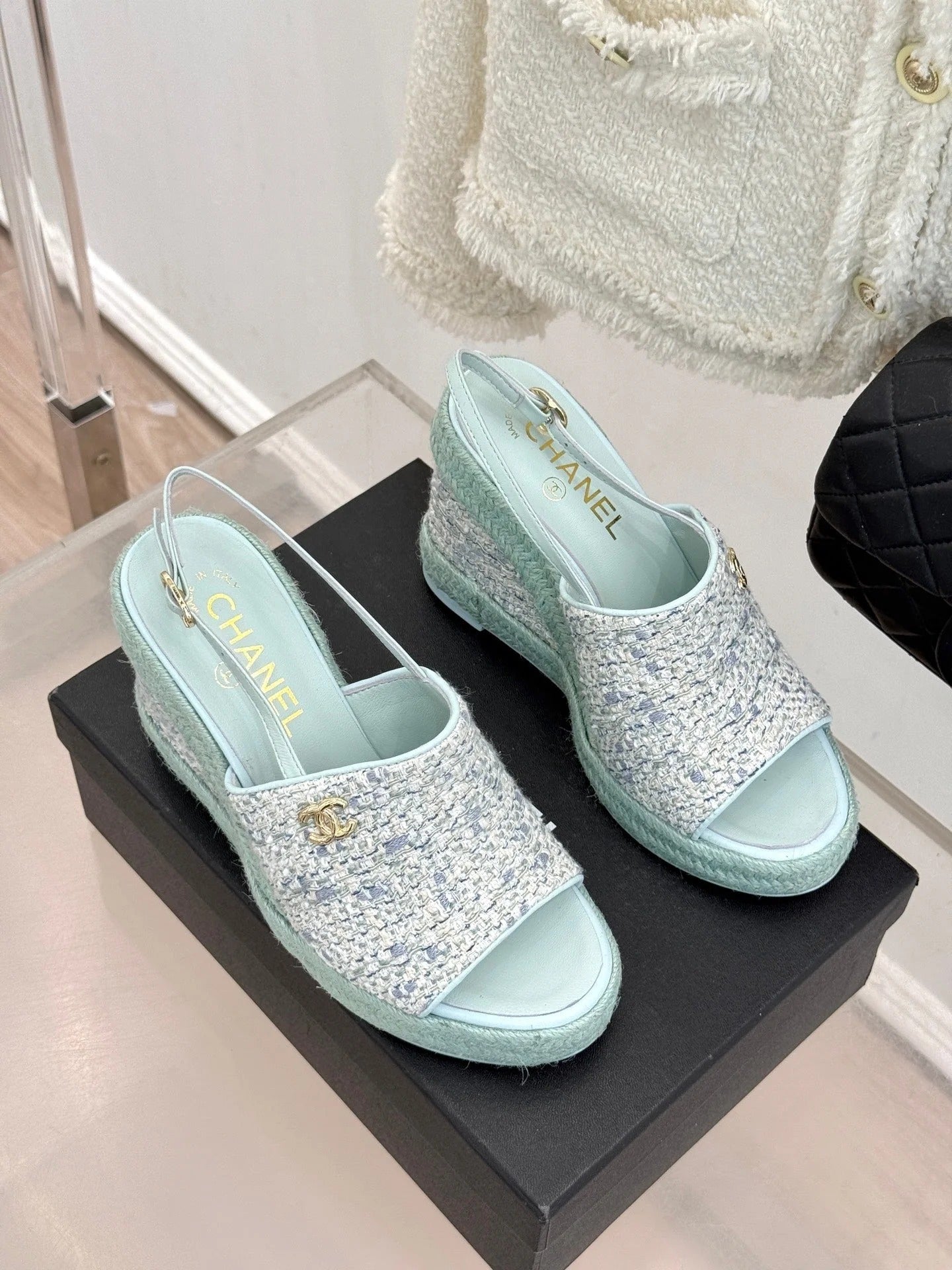 Chanel 26P Double C Rope Wedge Peep Toe Sandals Mint green in Knit 706350