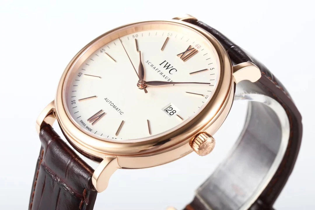 IWC Portofino 40mm White Dial Pink Gold Case Brown Leather