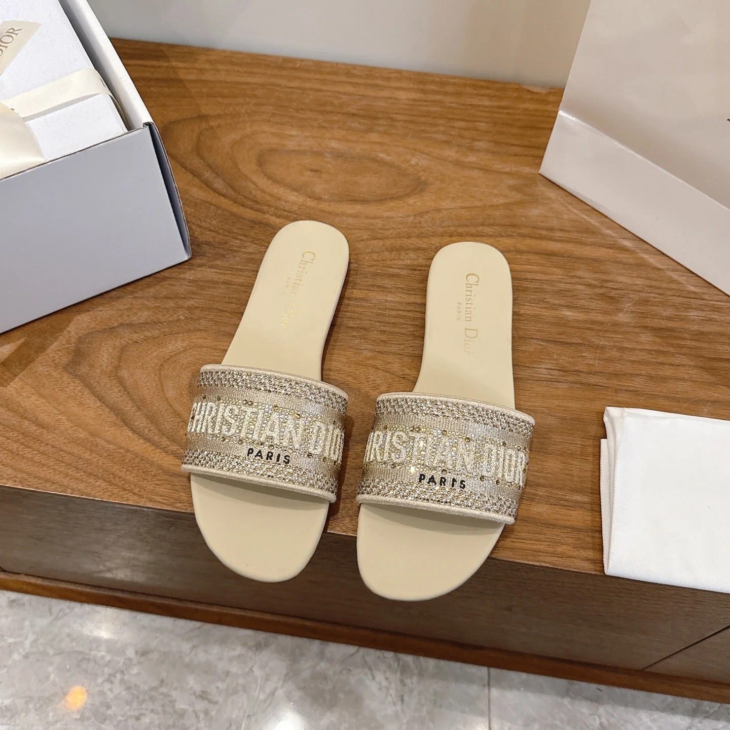 CD 26s Embroidered Sandals Beige Canvas Leather 685603