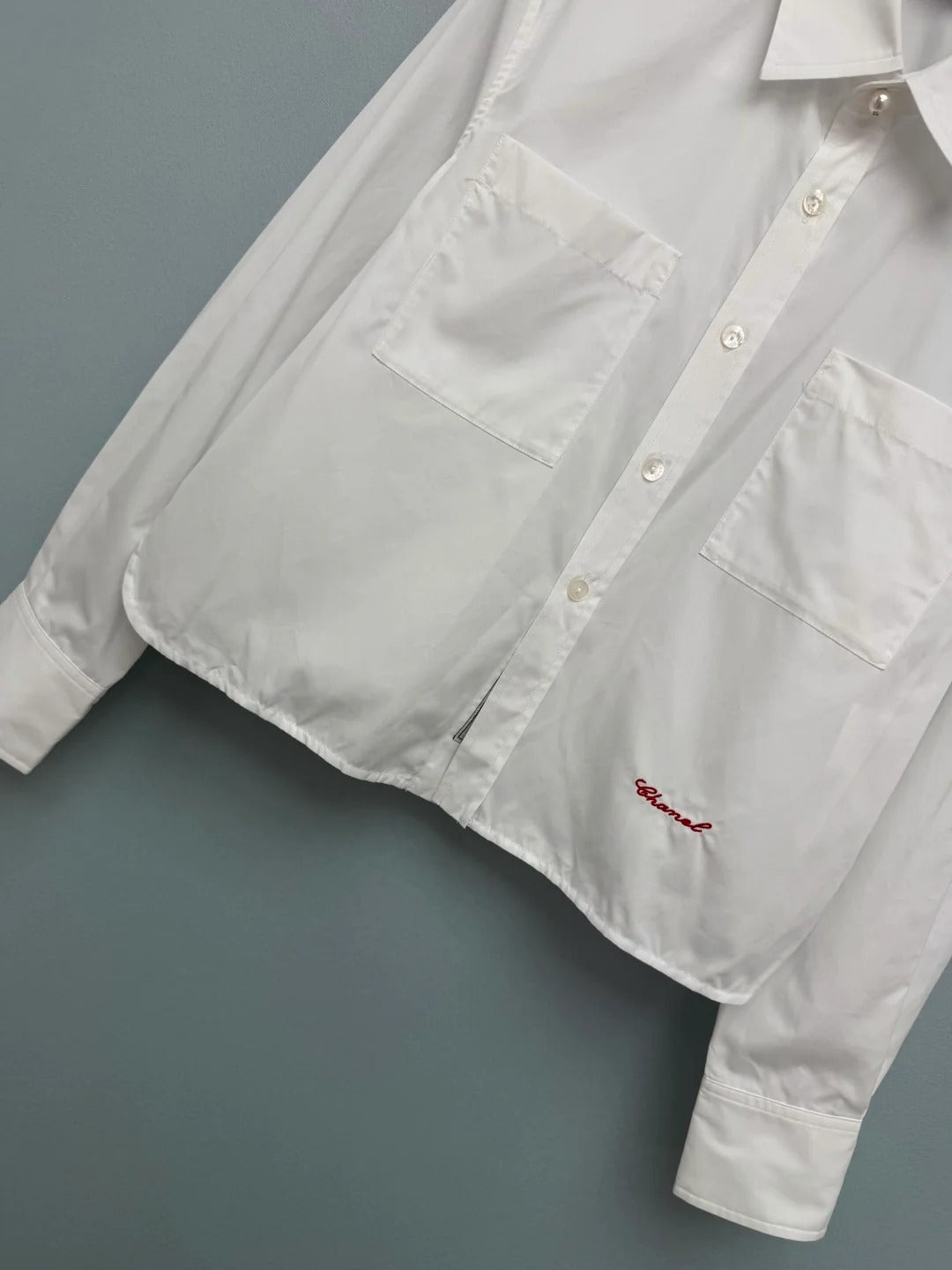 Chanel 2026 Pearl Button Chain Trim Short Shirt White Cotton 213056