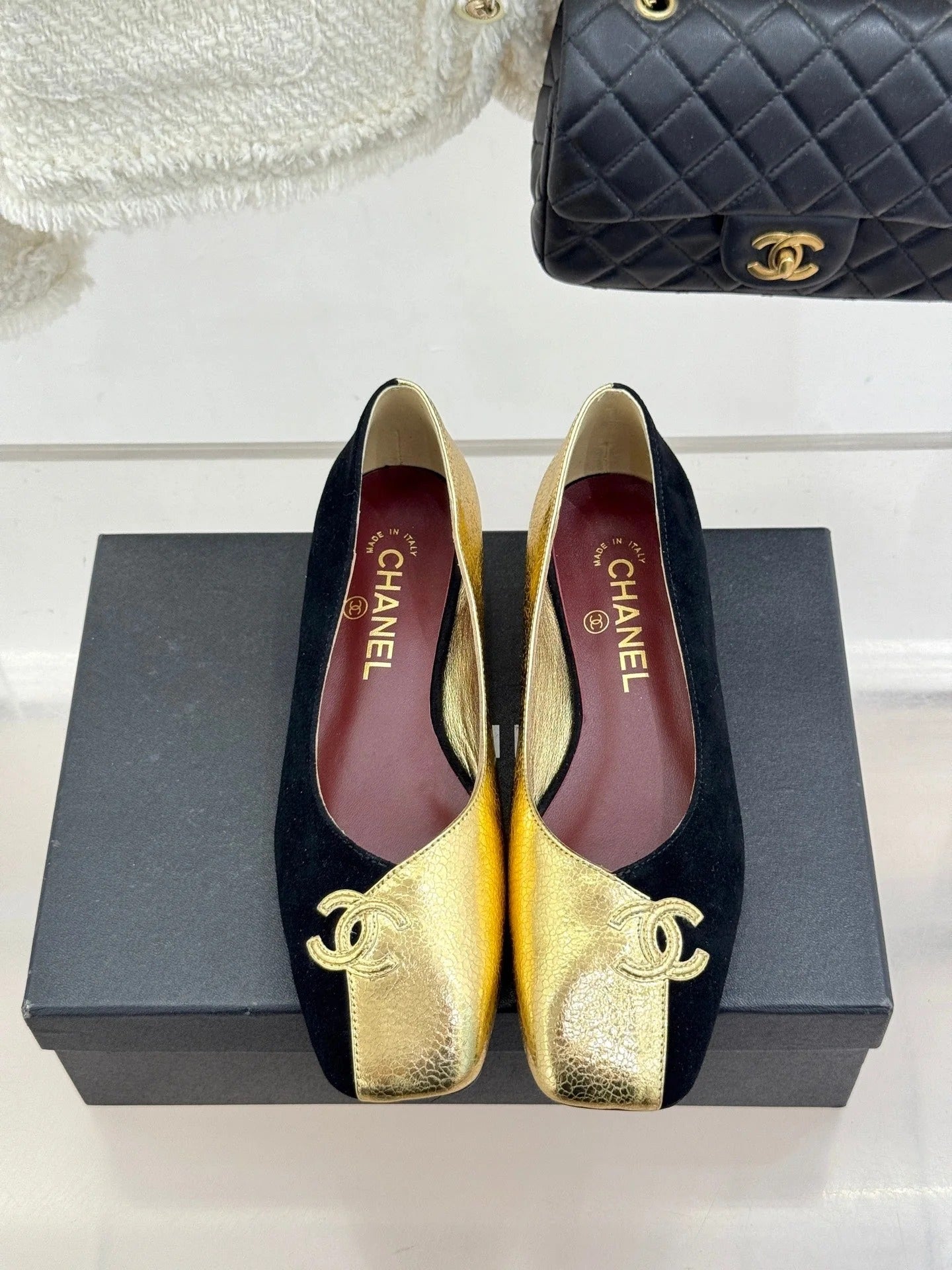 CC 26S Double C Patchwork Ballet Flat Gold Black in Customized leather 706369