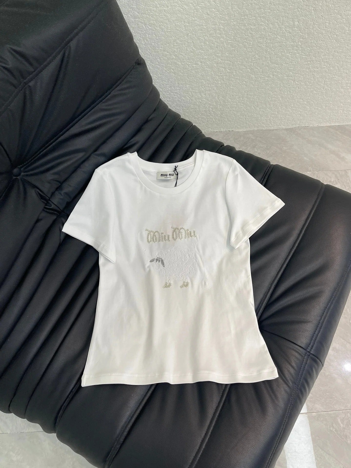 Miumiu 2026 Embroidered Sheep Short-Sleeve T-Shirt Cotton 343442