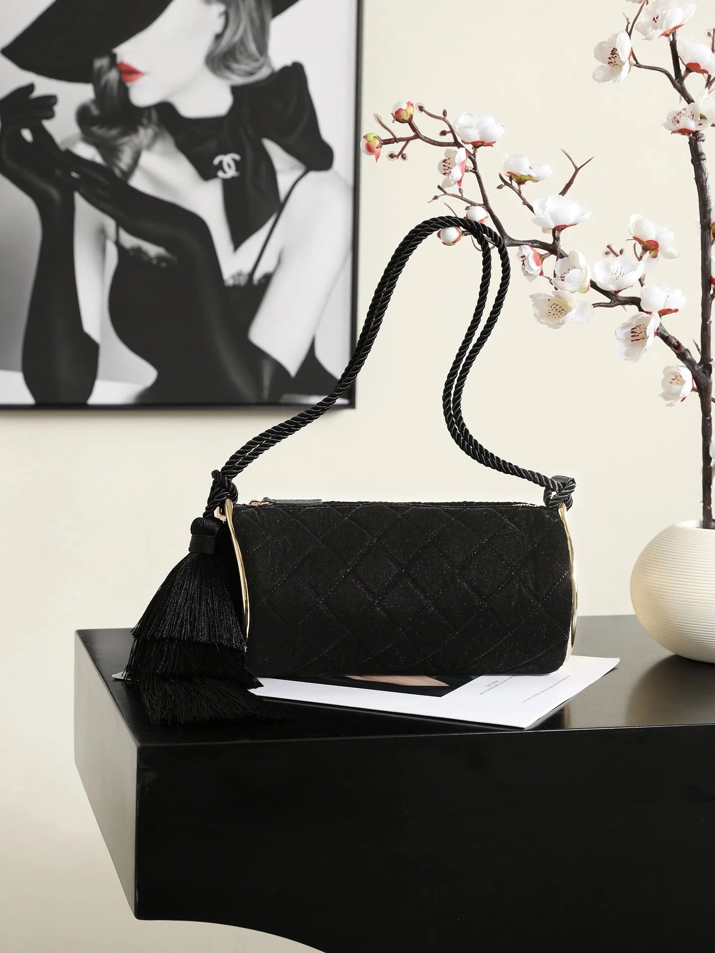 Chanel 2026 Tassel Cylindrical Bag 23.5cm Black Velvet