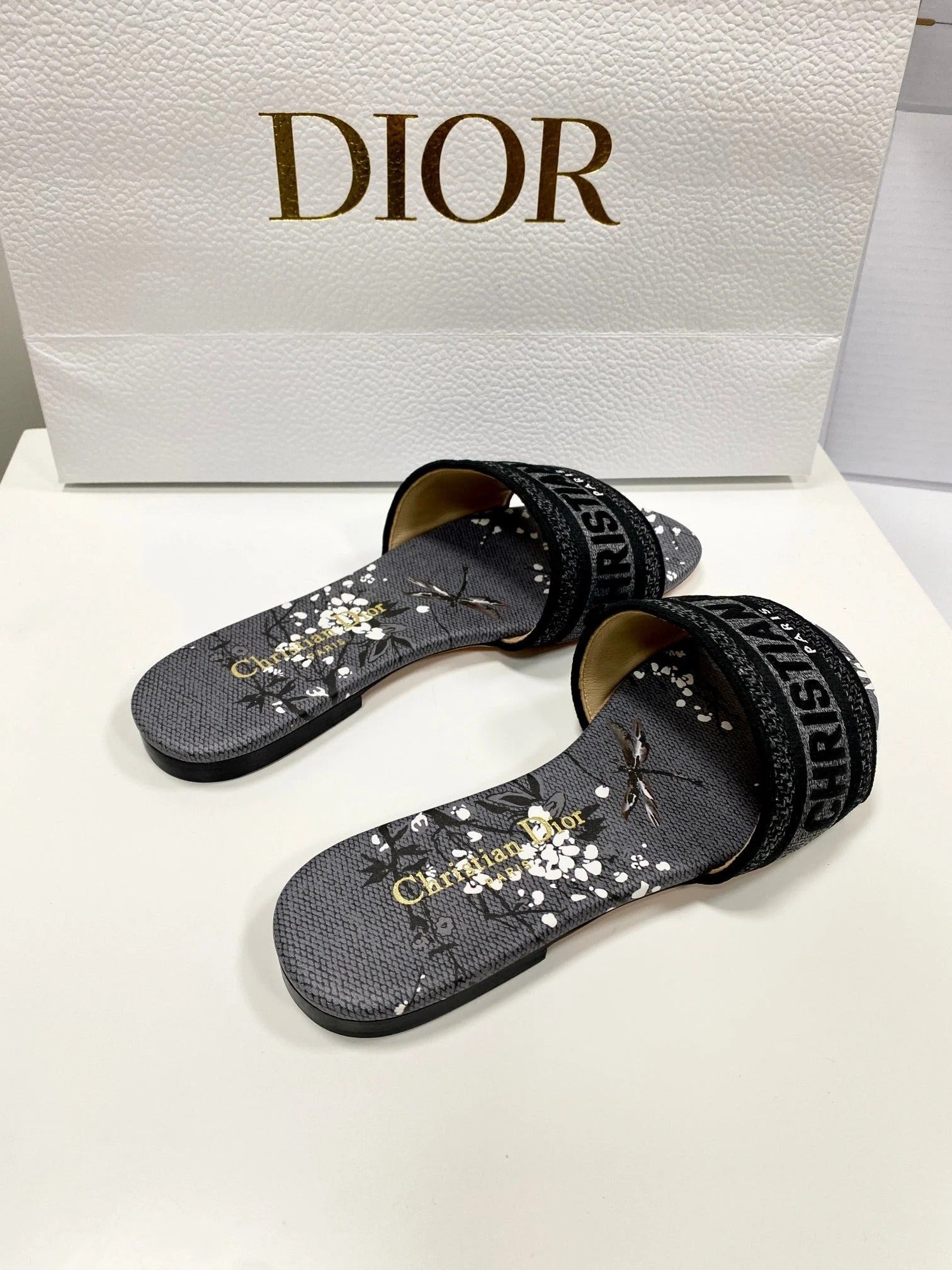 CD 26s Embroidered Sandals Gray Black Canvas Leather 683017