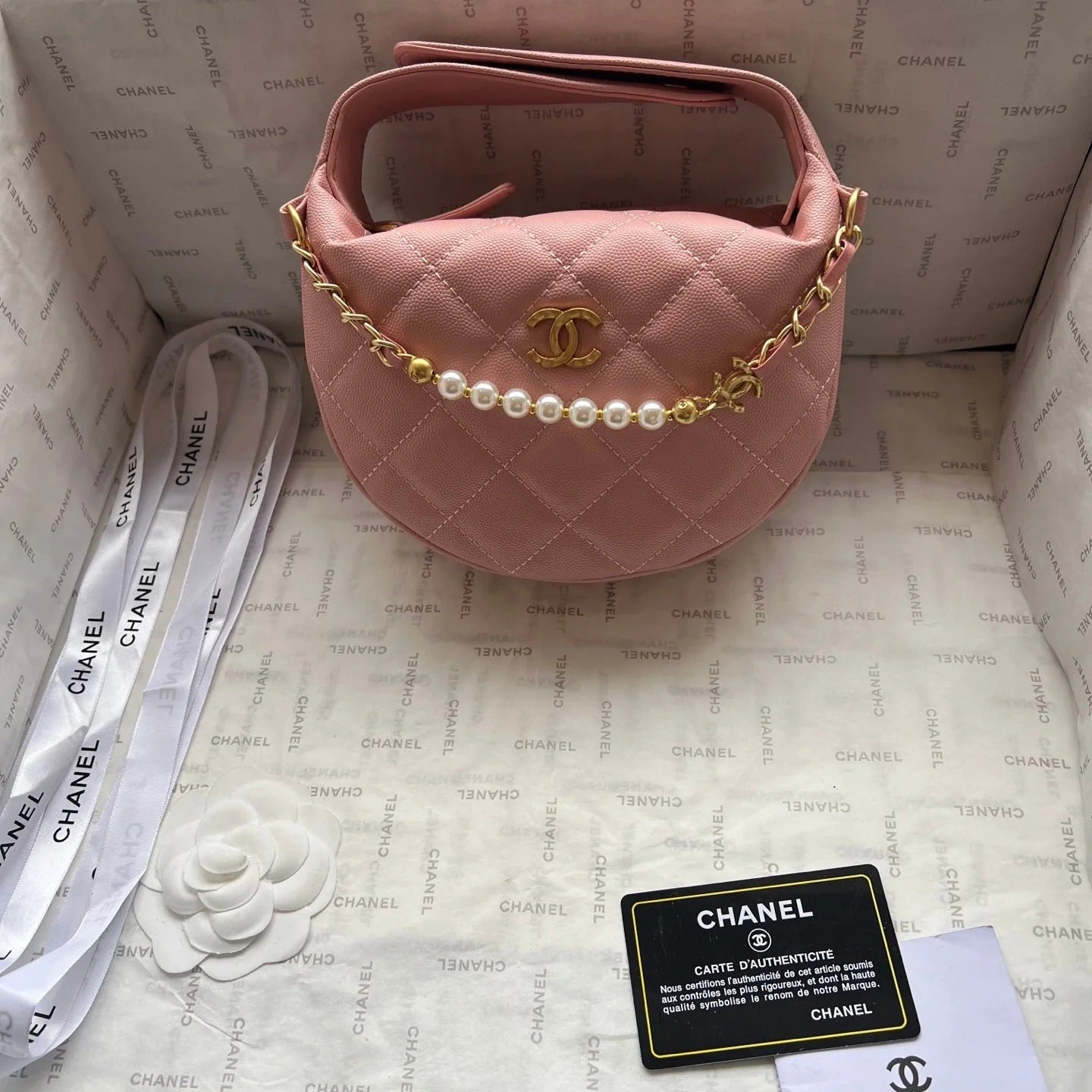 Chanel 2026 Quilted Pearl Chain Pouch Hobo Bag 19cm Grained Calfskin