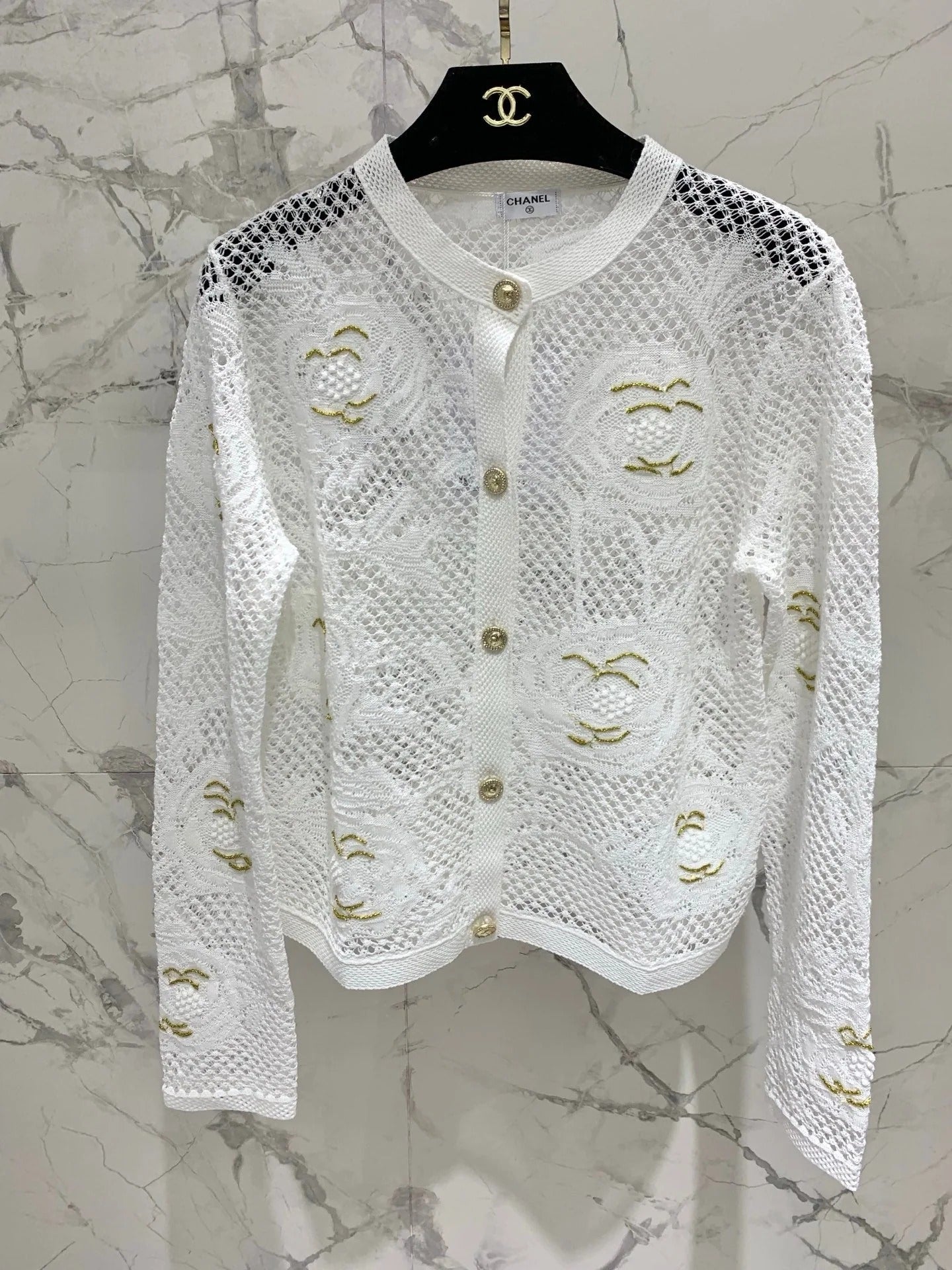 Chanel Embroidered Hollow-Out Cardigan White in Cotton 298306