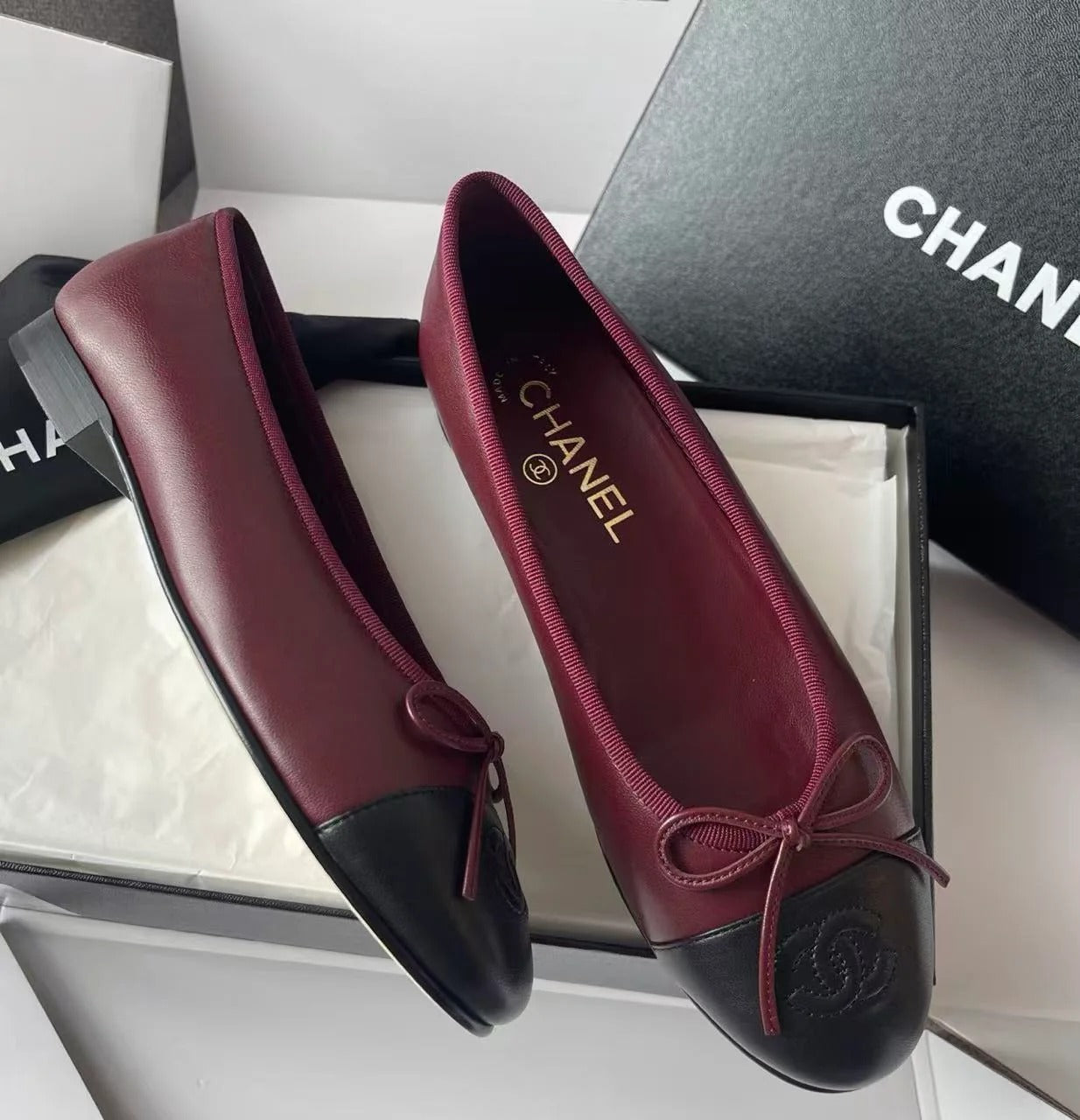 Chanel 2026 Ballet Flat Burgundy Mix Black Lambskin