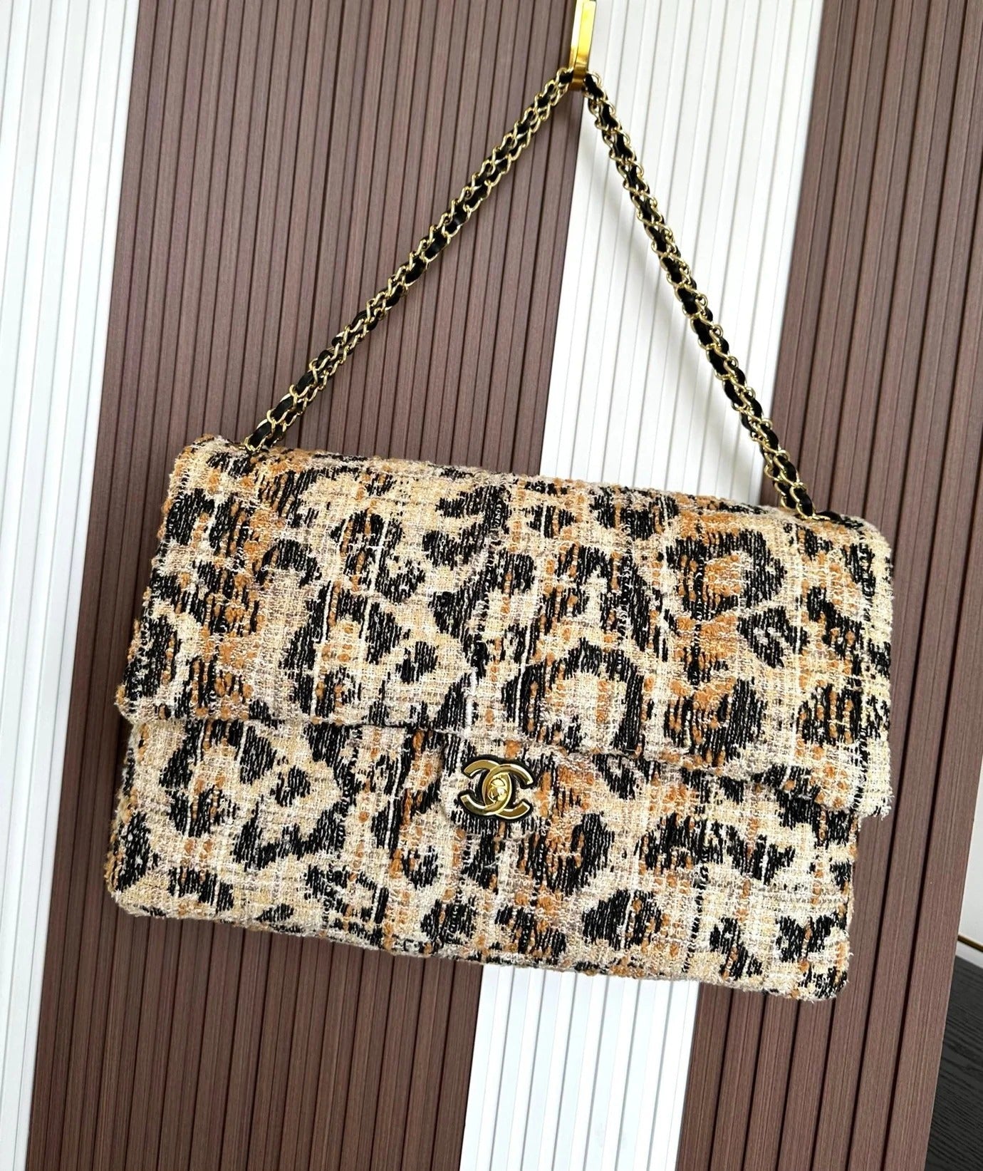 Chanel 2026 Leopard Print CF Maxi Flap Bag Tweed Leather
