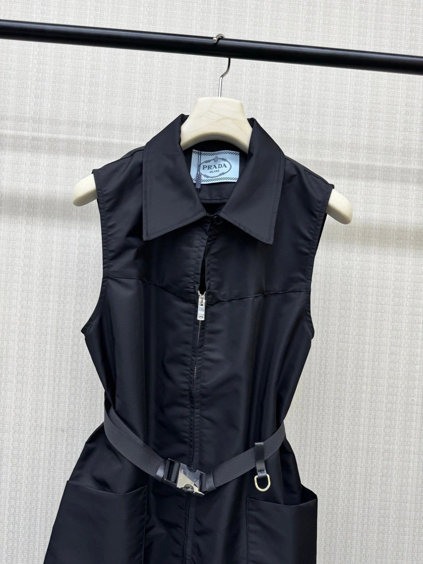 Prada 2026 Belted Sleeveless Utility Dress Black Polyamide 399118