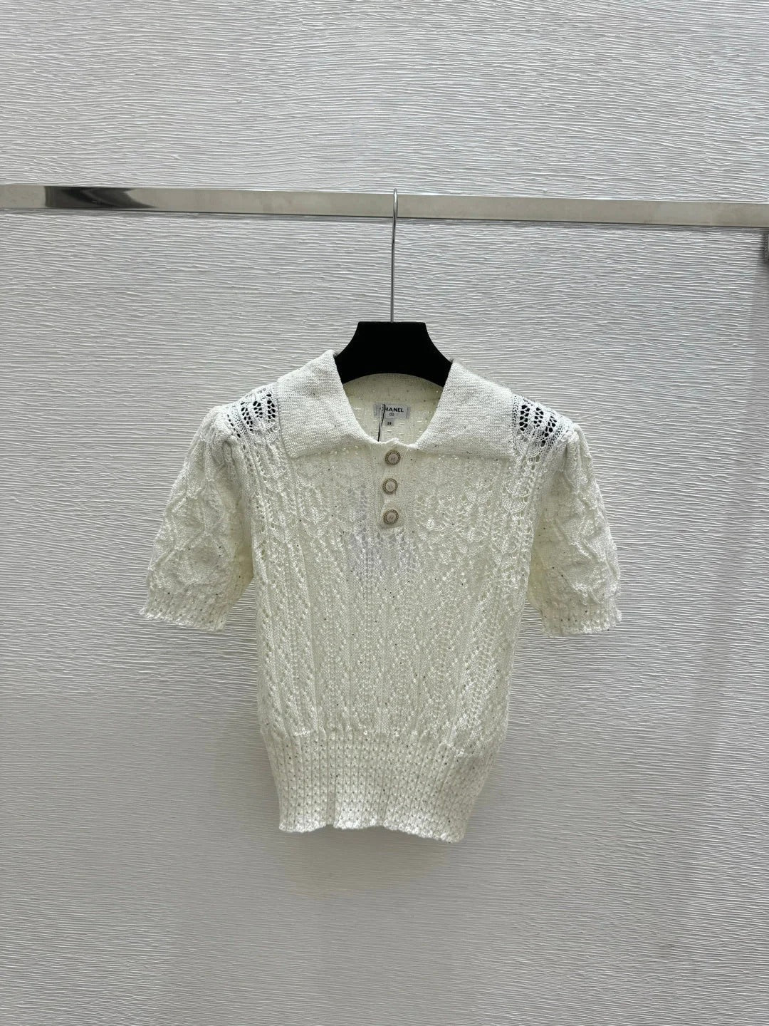 Chanel 2026 Sequin Hollow-Out Collar Knit Short-Sleeve Cotton 397678