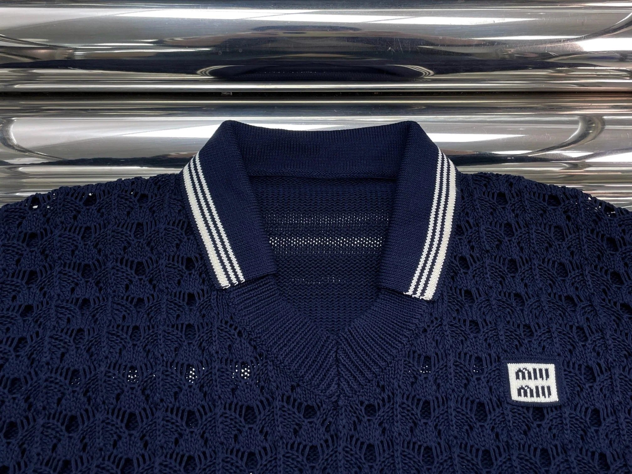 Miumiu 2026 Openwork Knit Crochet Shirt Navy Blue Wool