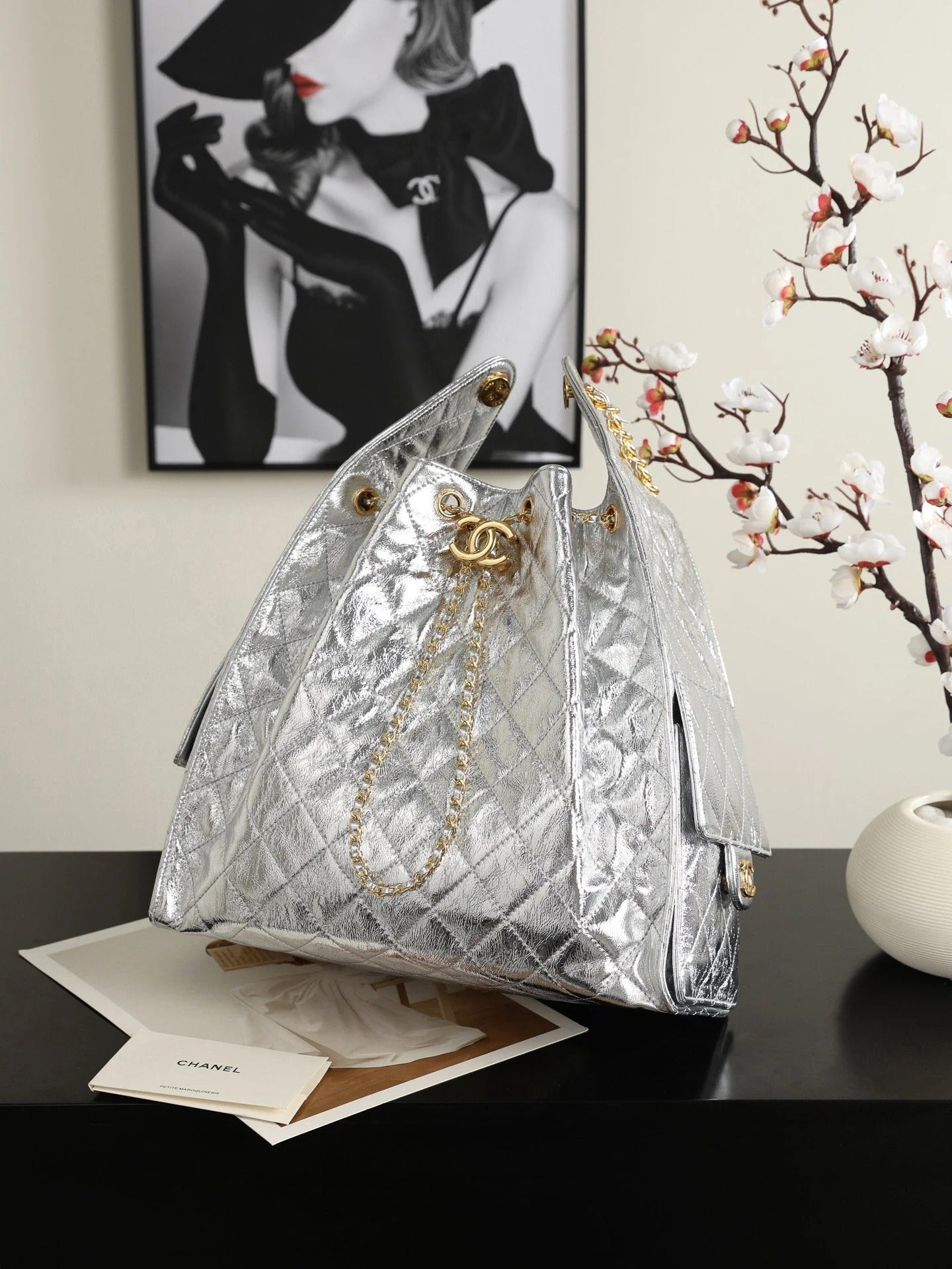 Chanel 2026 Hobo Bag 40cm Silver and Gold Mettalic Leather
