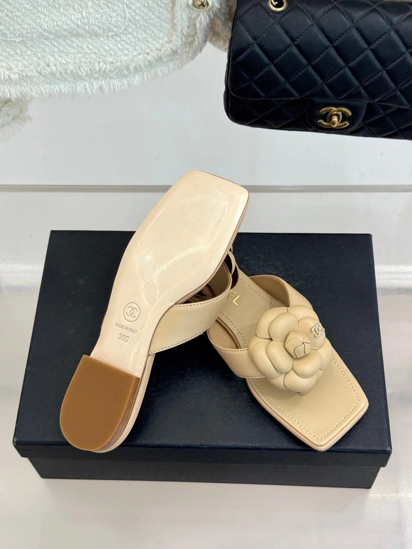 Chanel 26 Camellia Flip-Flops Beige in Cowhide 706387