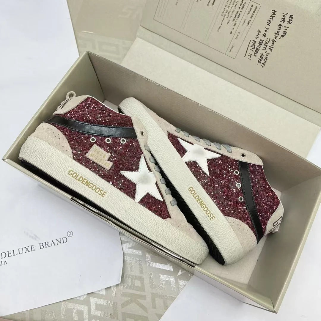 Golden Goose 2026 Mid Star High-top Sneaker Burgundy Glitter Calfskin