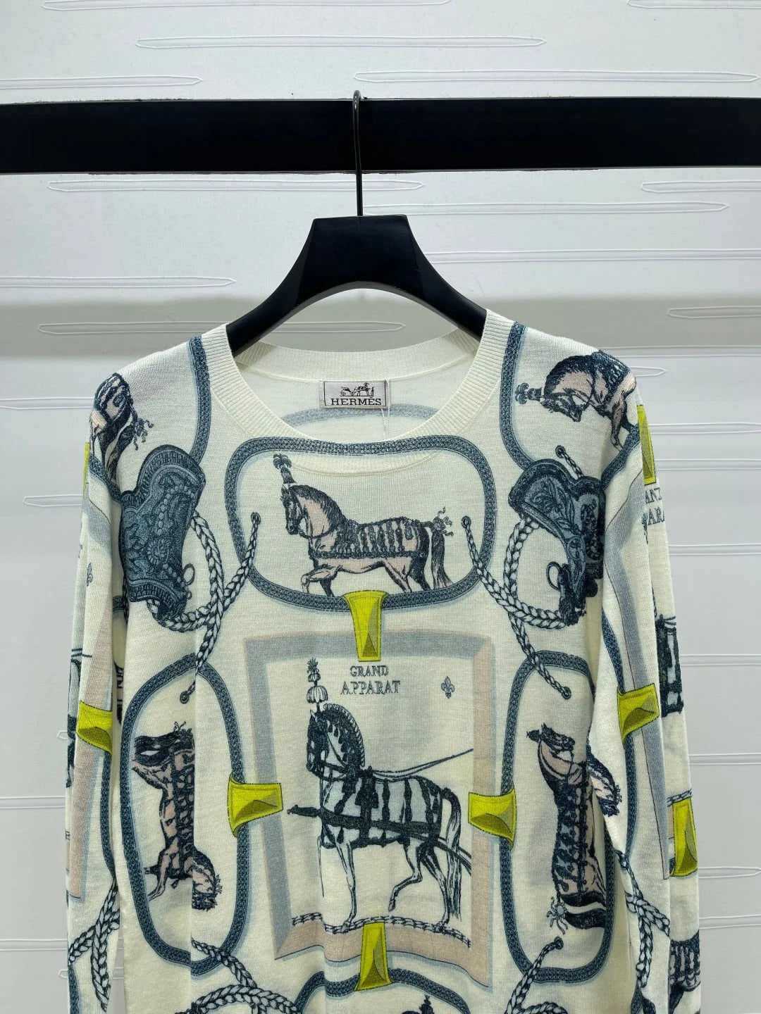 Hermes 2026 Horse Print Long Sleeve Top Cream Blue Wool 417088
