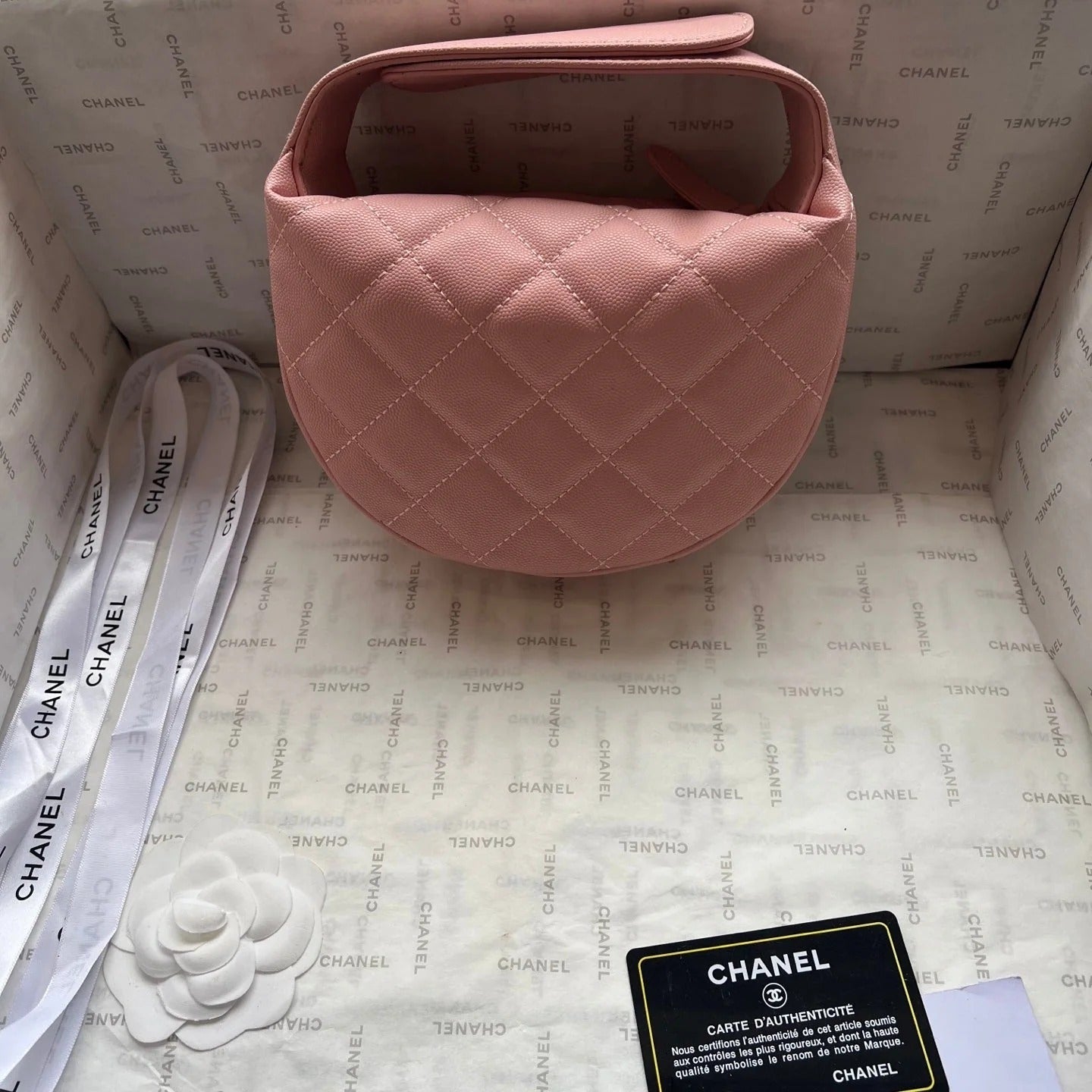 Chanel 2026 Quilted Pearl Chain Pouch Hobo Bag 19cm Grained Calfskin