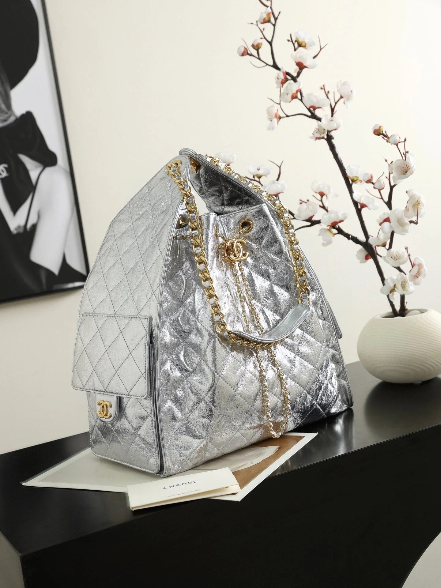 Chanel 2026 Hobo Bag 40cm Silver and Gold Mettalic Leather