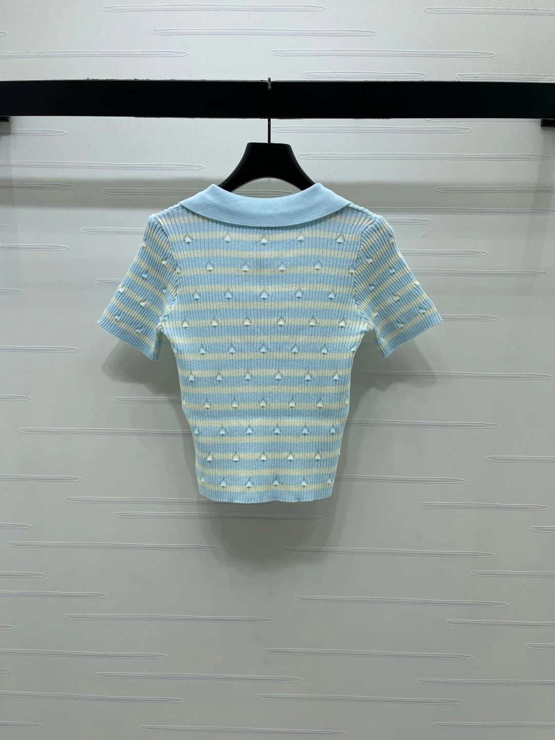 Chanel 2026 Striped Collared Knit Short-Sleeve T-Shirt Cotton 677728