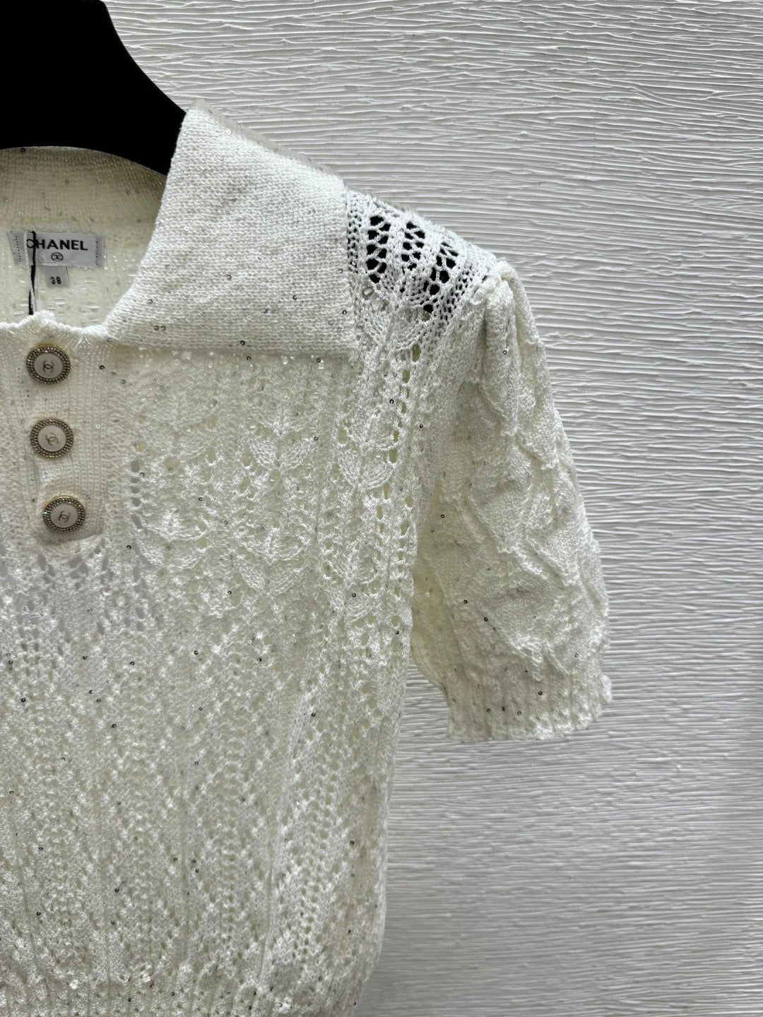 Chanel 2026 Sequin Hollow-Out Collar Knit Short-Sleeve Cotton 397678