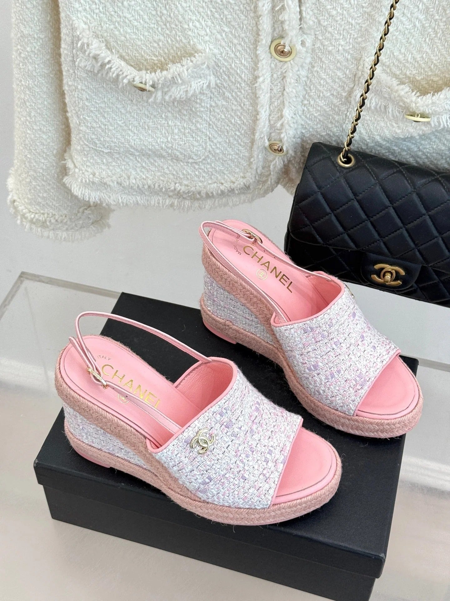 Chanel 26P Double C Rope Wedge Peep Toe Sandals Pink in Knit 706351