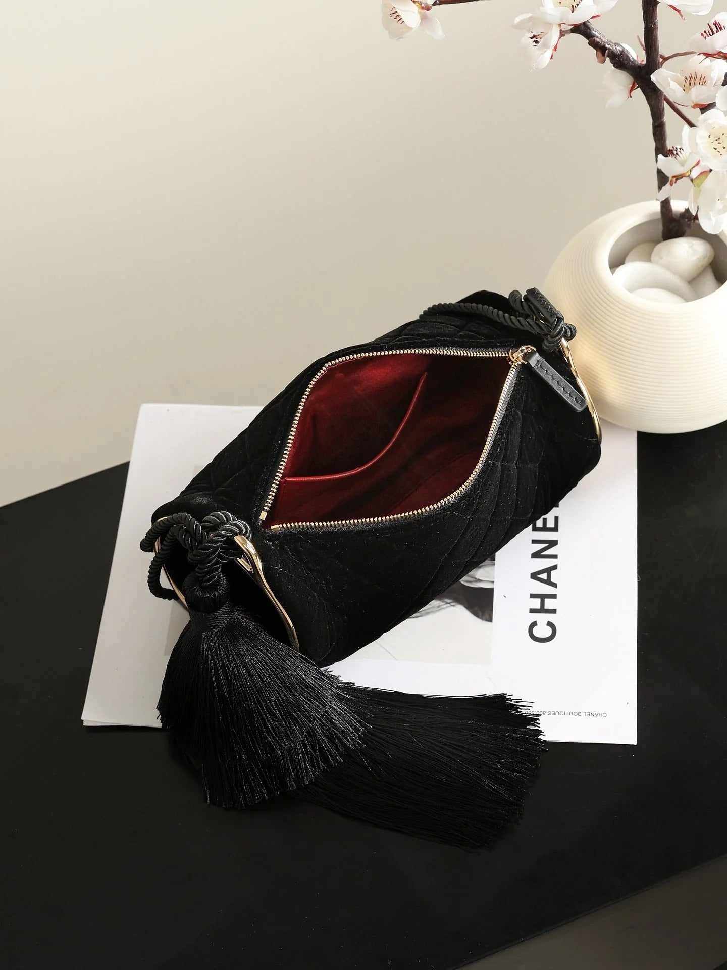 Chanel 2026 Tassel Cylindrical Bag 23.5cm Black Velvet