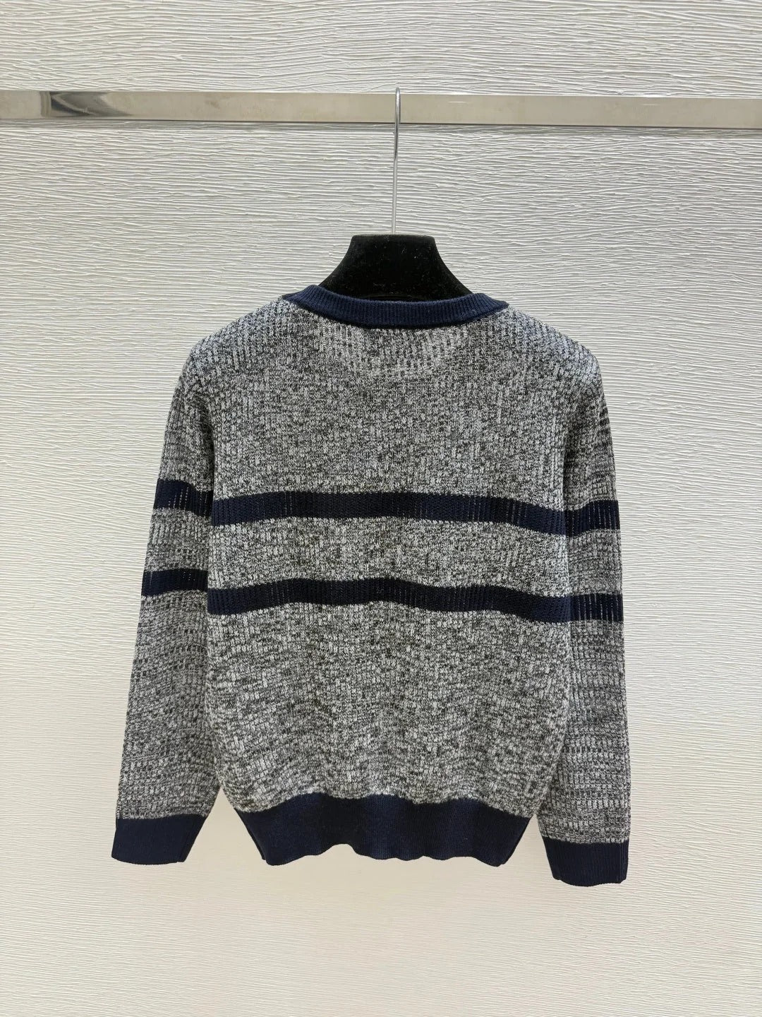 Chanel 2026 Striped Crew Neck Knit Long Sleeve Gray Wool 244670