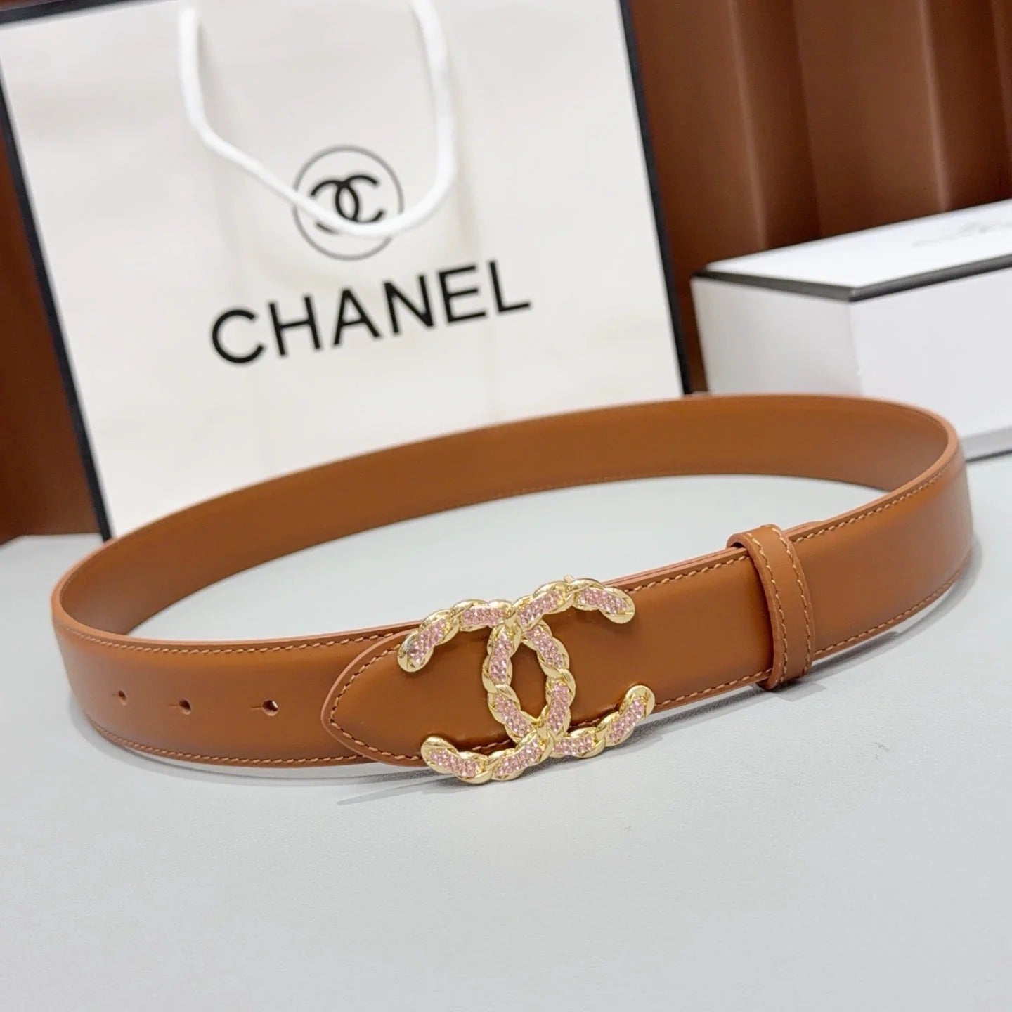 Chanel 2026 Double CC Crystal Buckle Belt 30mm Cowhide