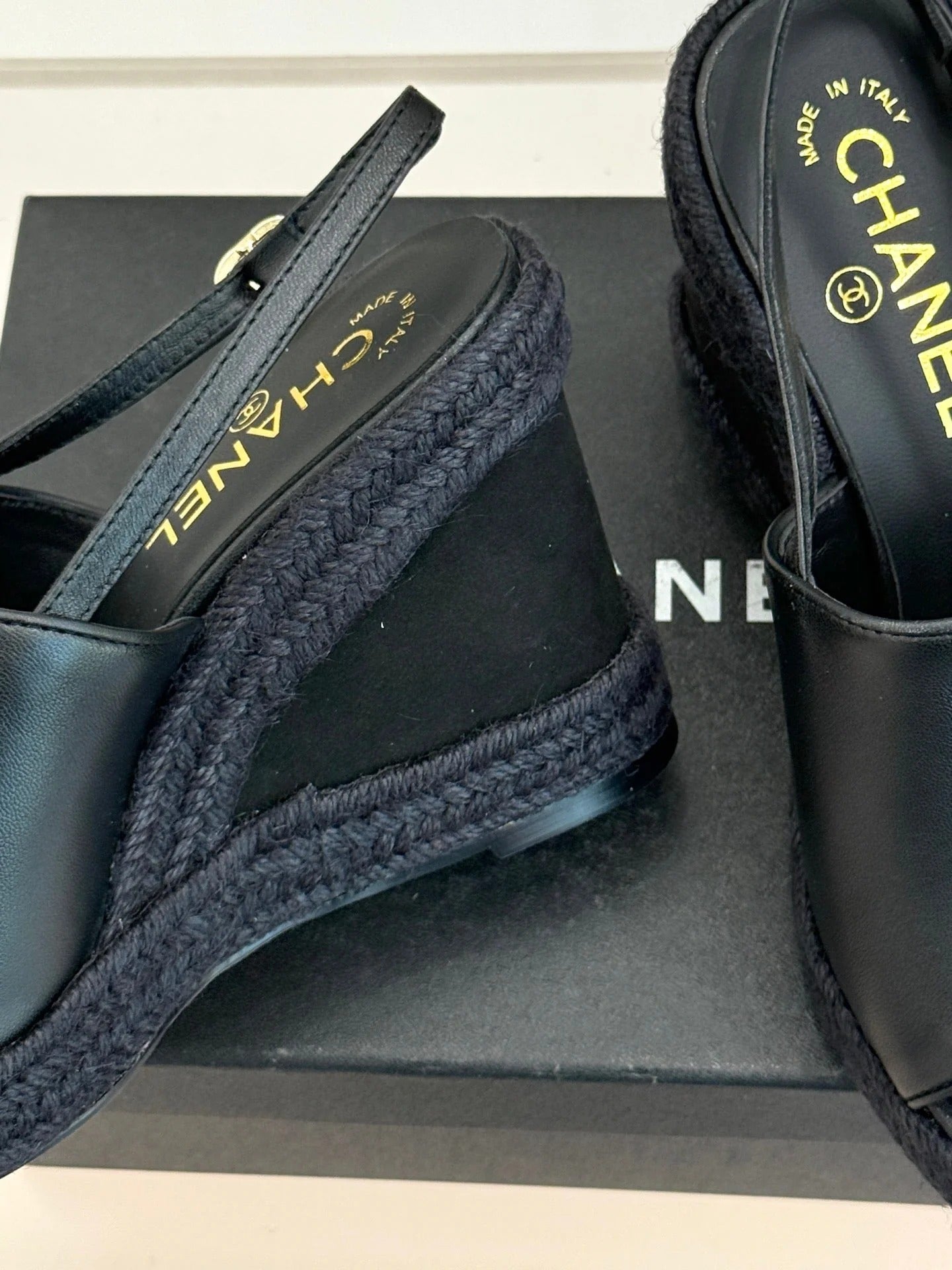 Chanel 26P Double C Rope Wedge Peep Toe Sandals Black in 706353