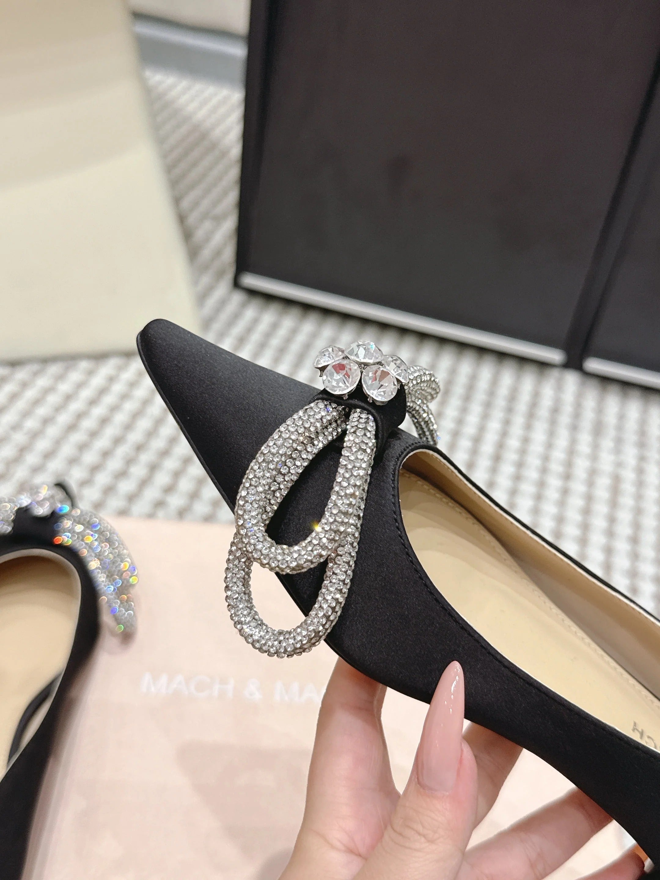 Mach & Mach 26SS Rhinestone Bow Flats Black in Silk 722448