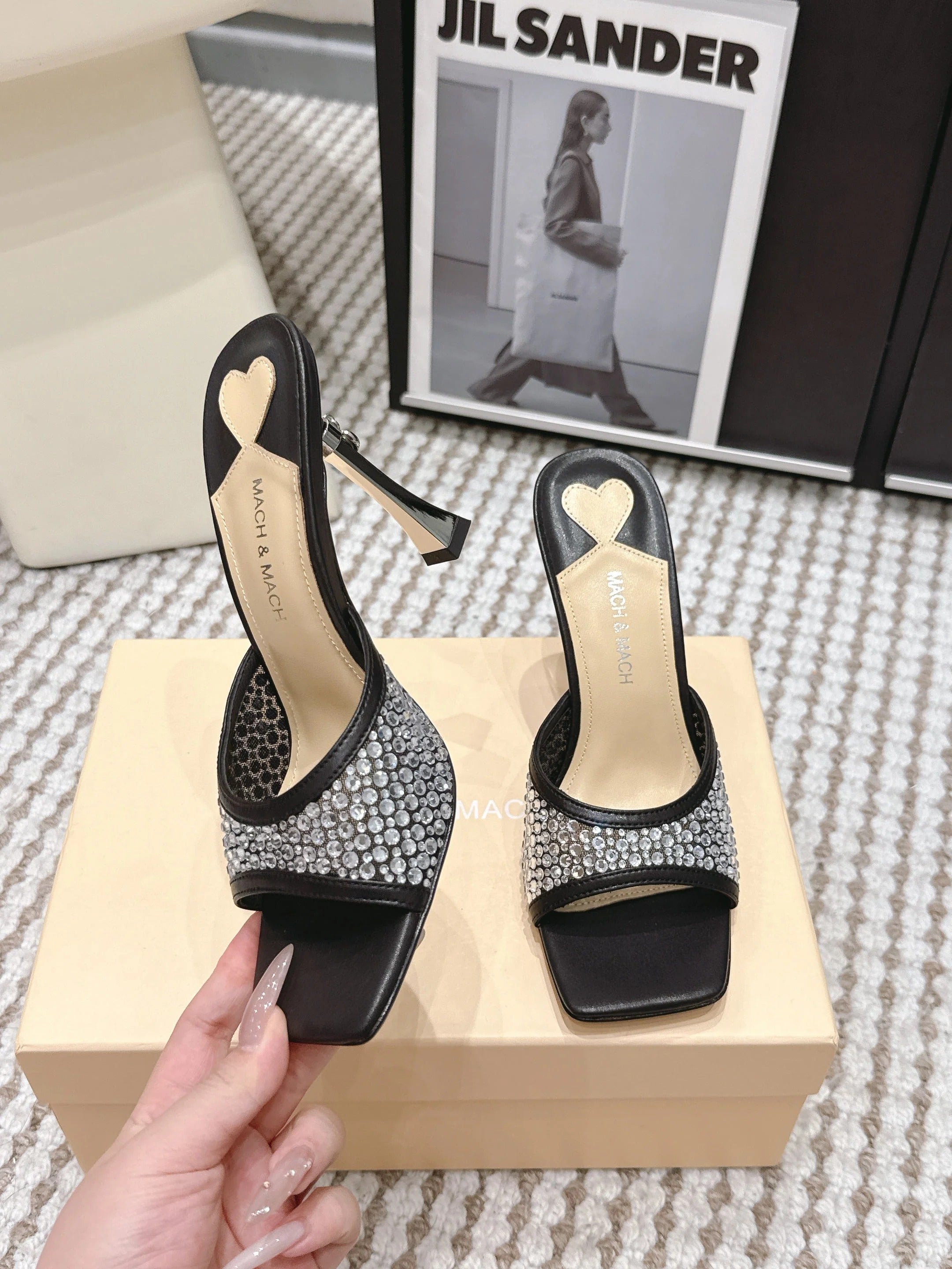 Mach & Mach Embellished Mules 95 Black in Leather Diamonds 722809