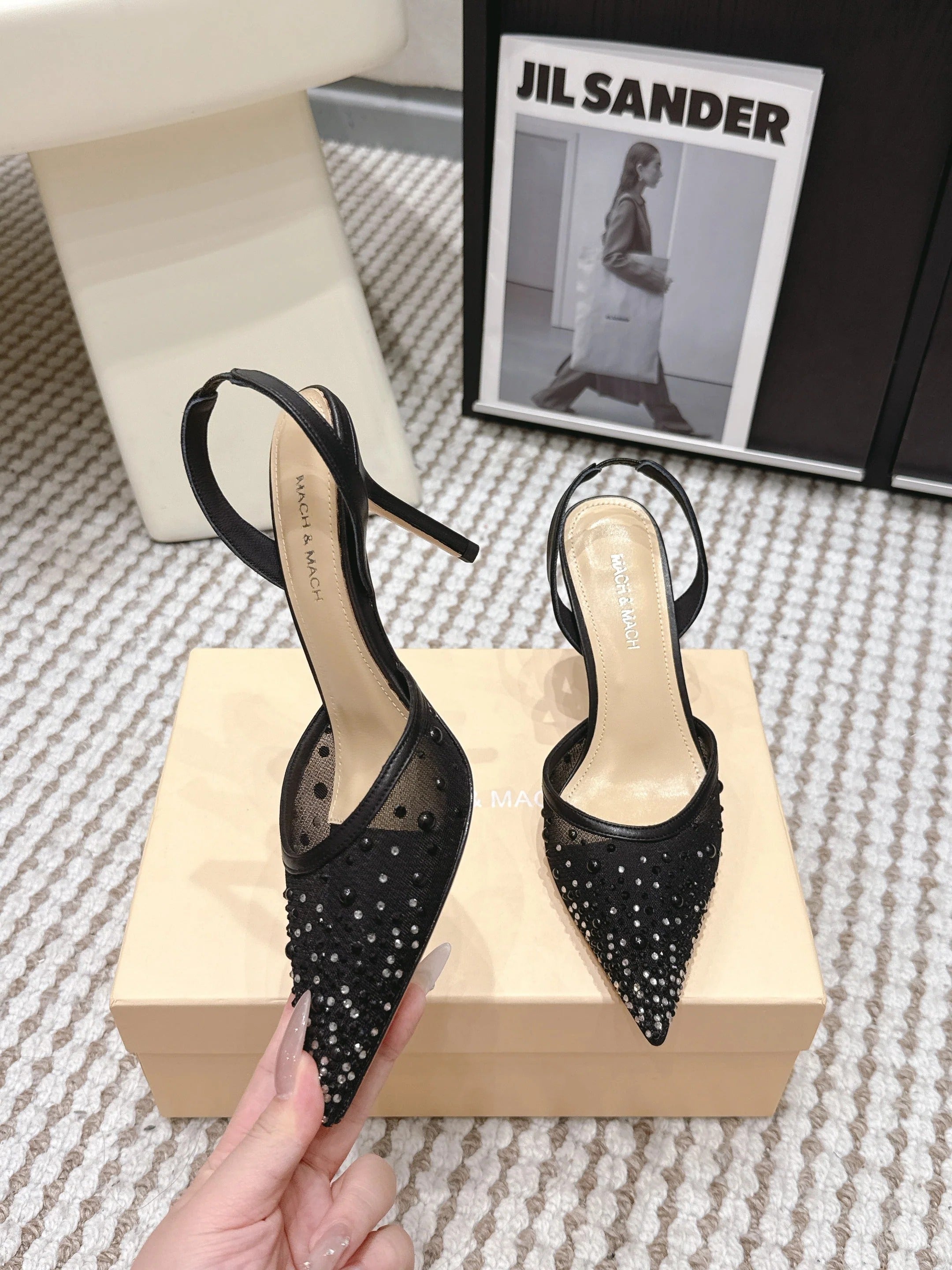 Mach & Mach 26 Pointed Toe High Heels 85 Crystal Black in Sheepskin 722816