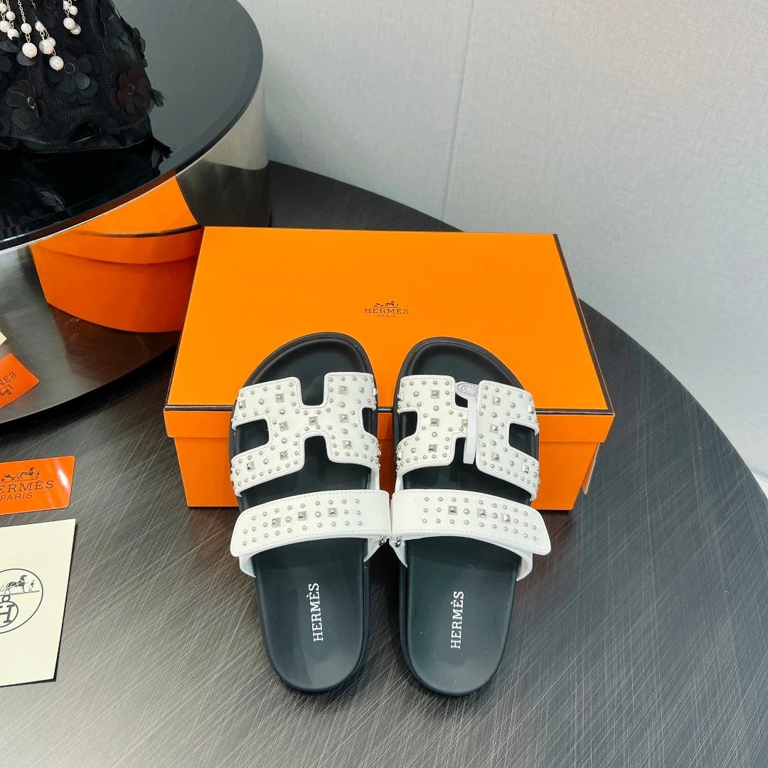 Hermes 2026 Chypre Sandal Ponyhair With Studded Details Black White Cowhide 674993